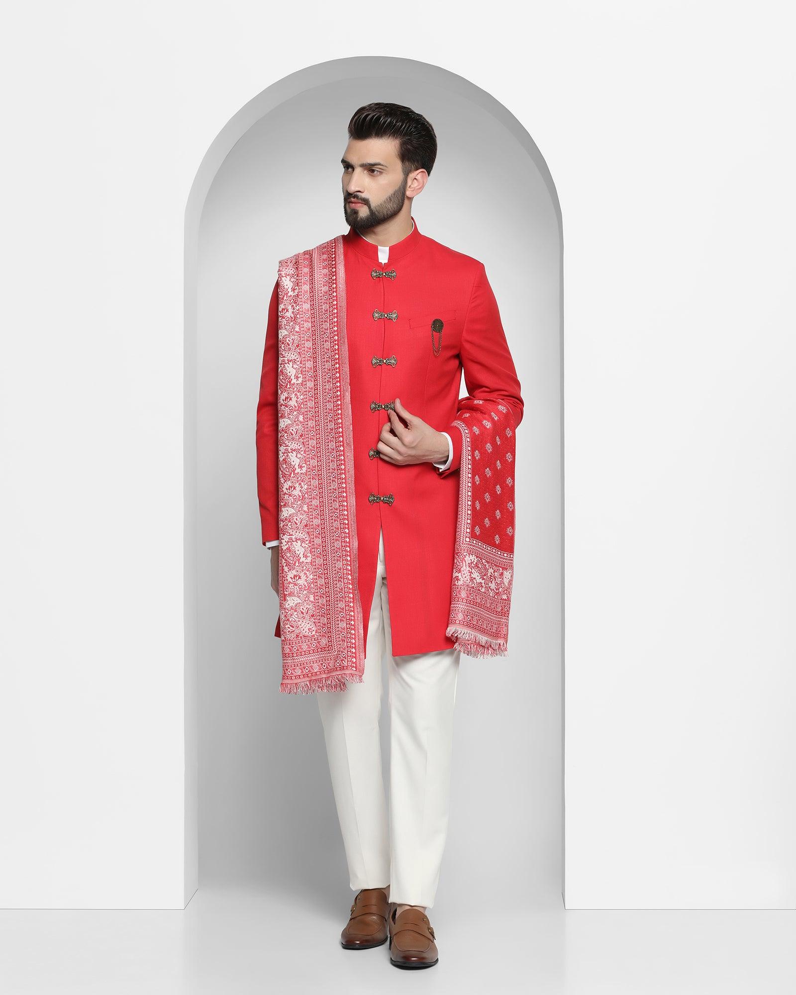 Swarn Two Piece Red Solid Achkan Set - Tentor