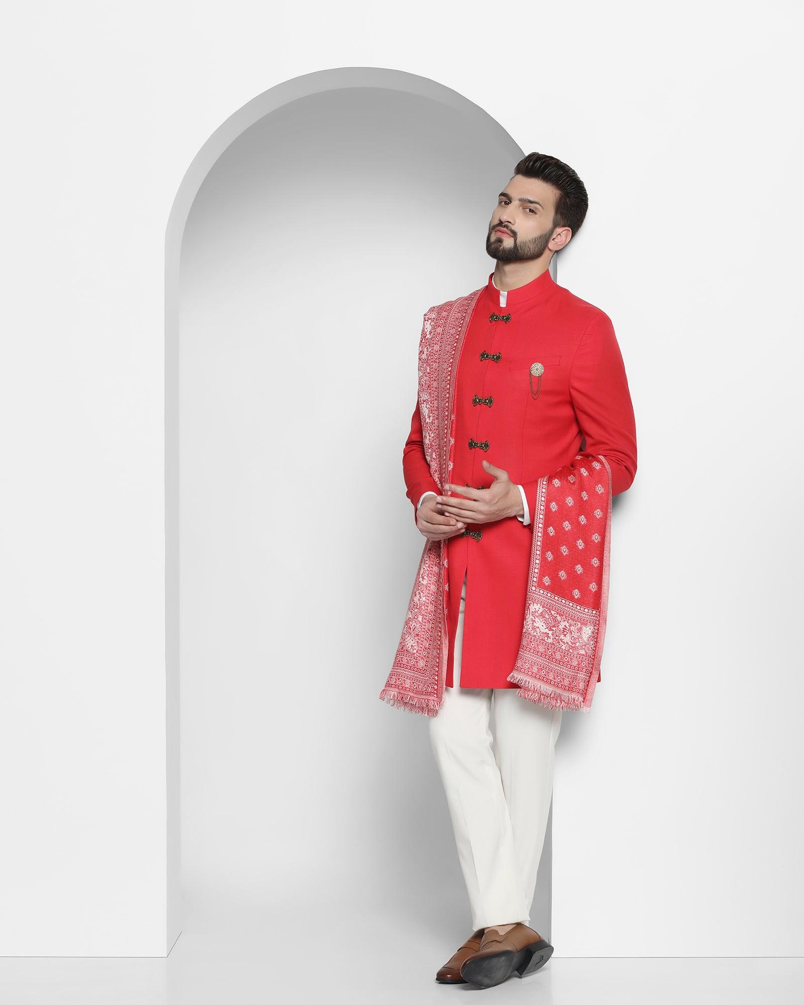 Swarn Two Piece Red Solid Achkan Set - Tentor