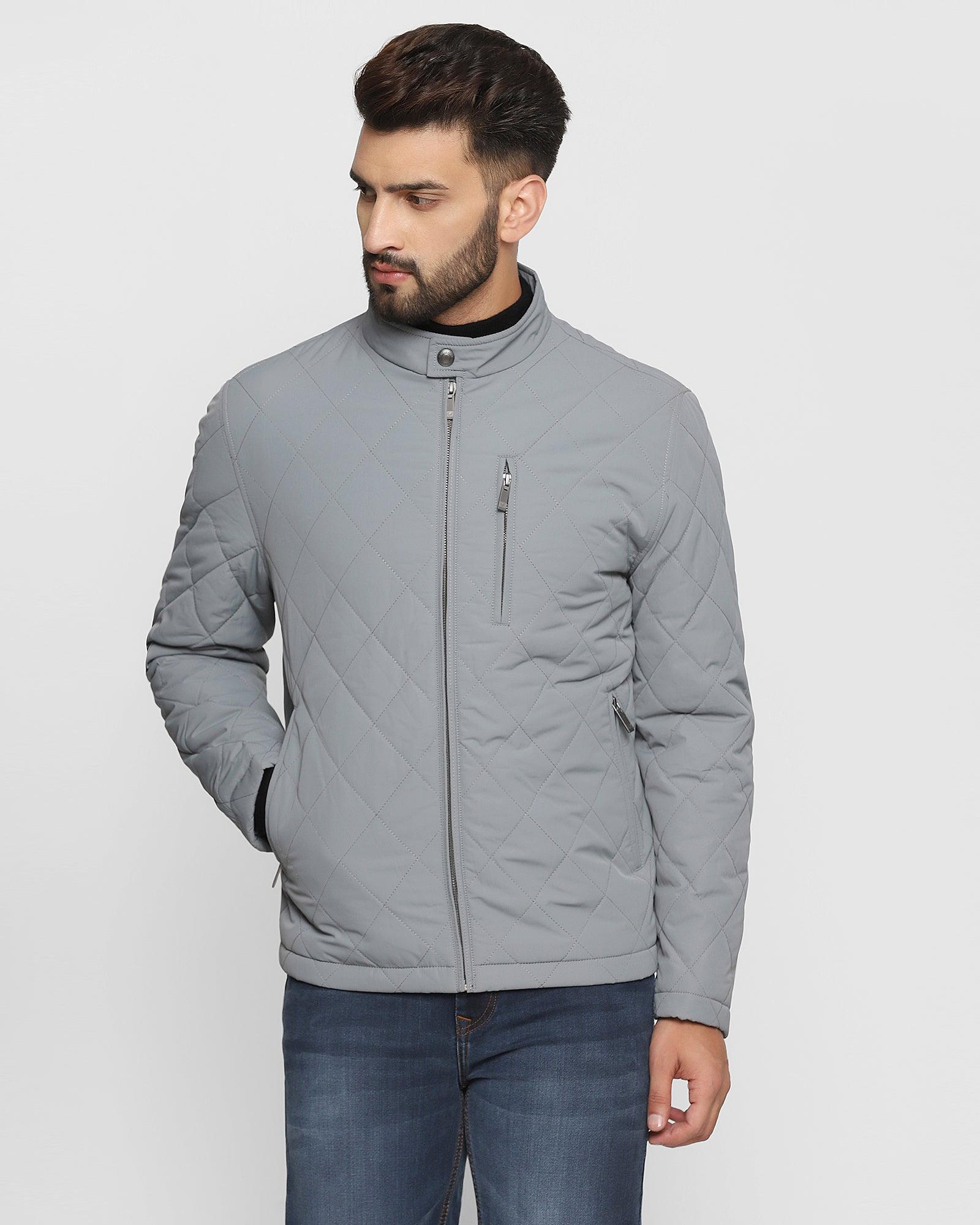 Mandarin Collar Light Grey Solid Zipper Jacket - Hiver