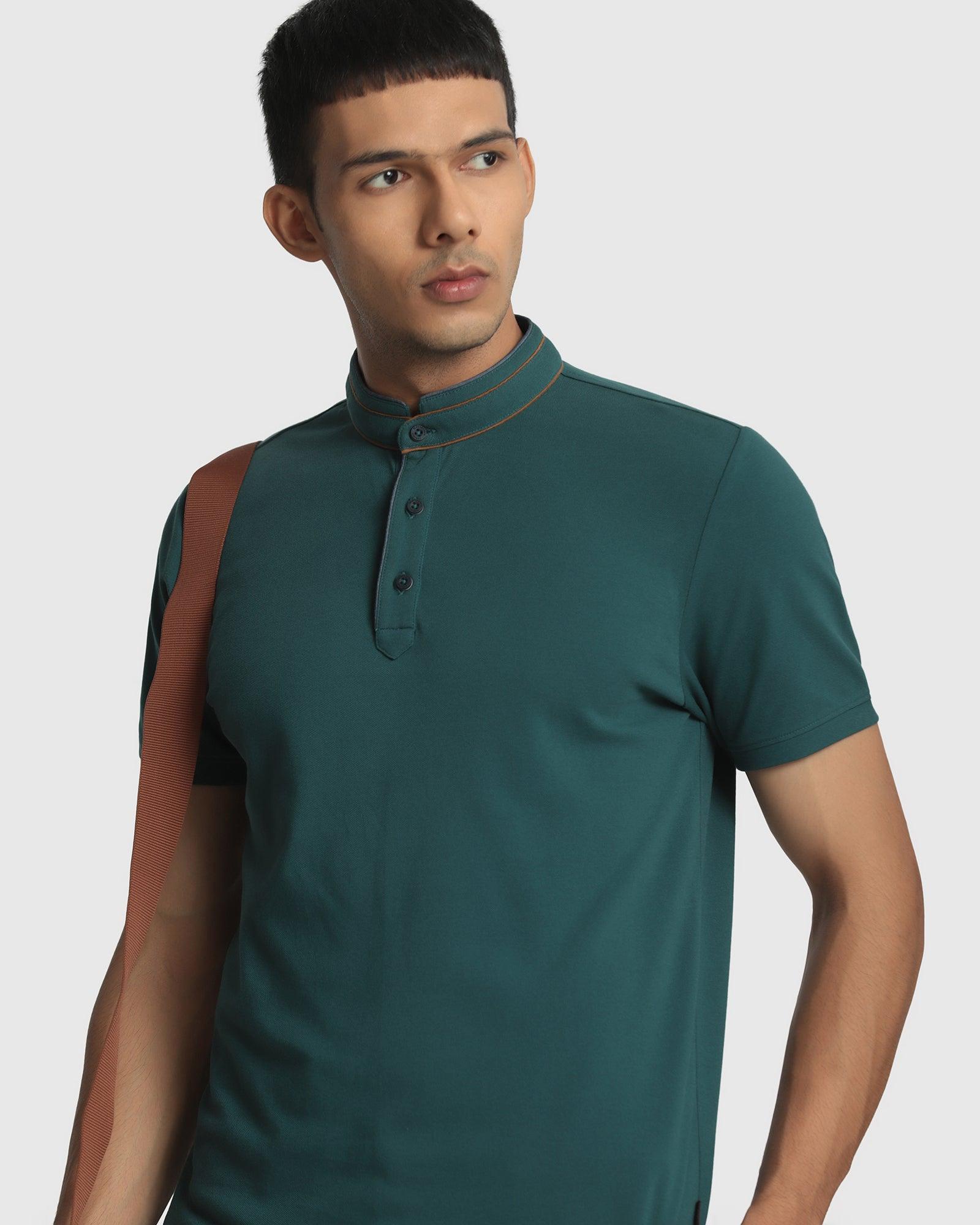 Mandarin Collar Forest Green Solid T Shirt - Thomas