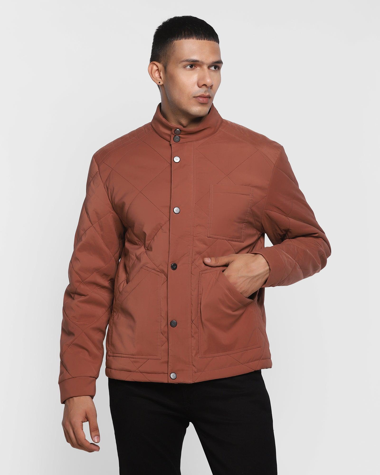 Quilted Tobacco Brown Solid Zipper Jacket - Arshen