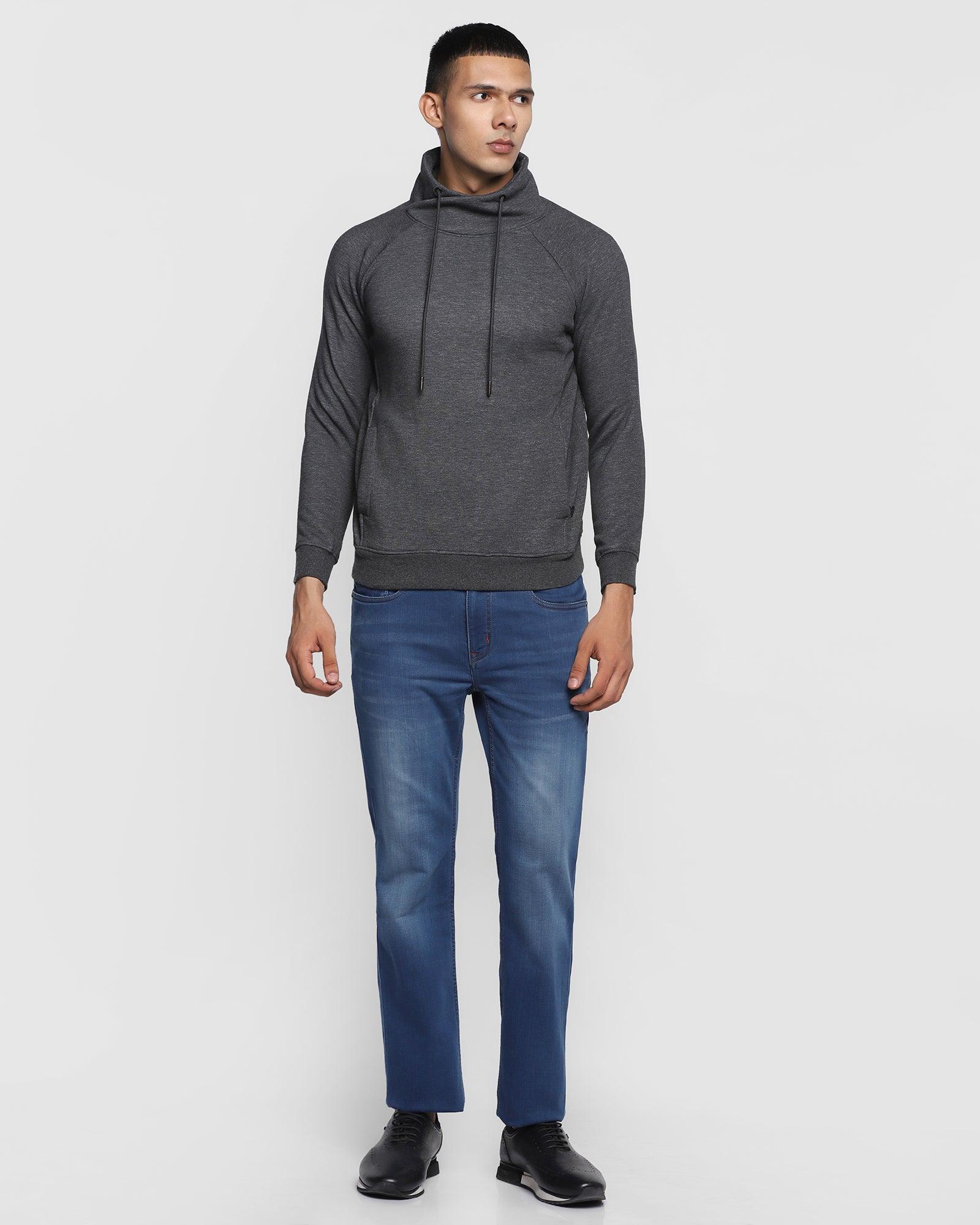 Stylized Collar Dark Grey Melange Solid Sweatshirt - Kang