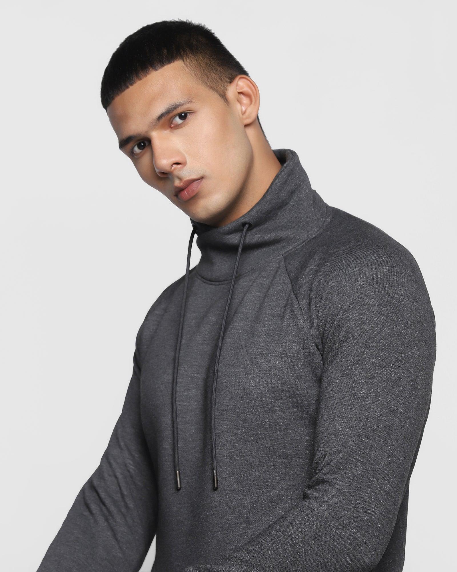 Stylized Collar Dark Grey Melange Solid Sweatshirt - Kang
