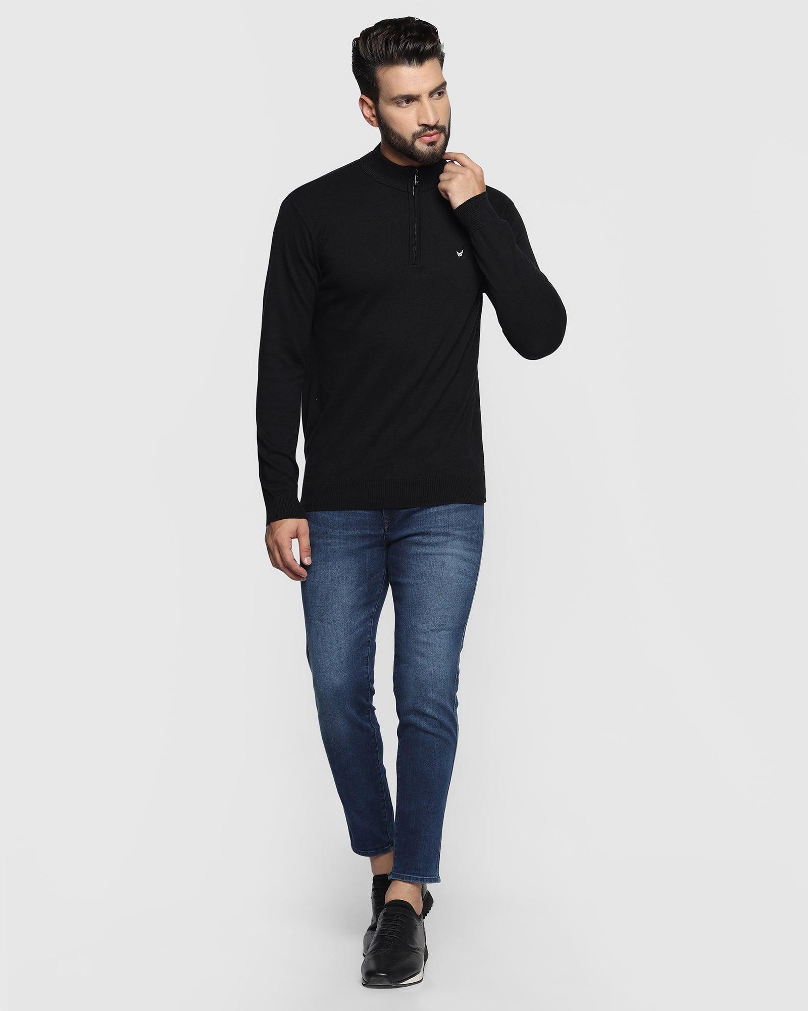 Stylized Collar Black Solid Sweater - Denver