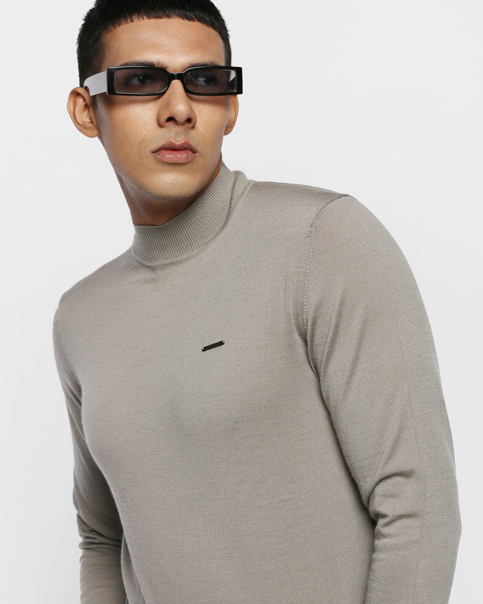 High Neck Grey Solid Sweater - Domin