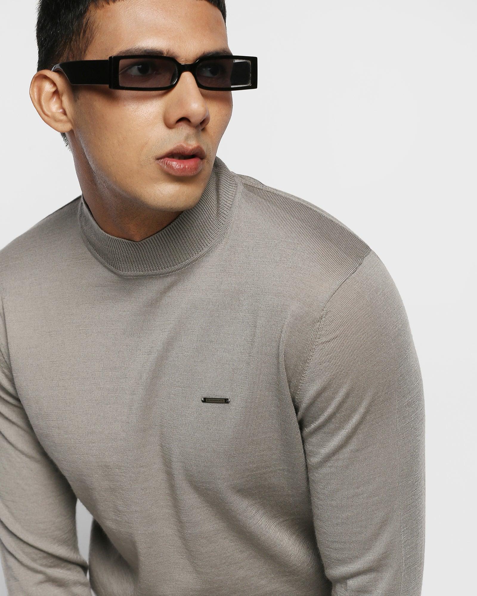 High Neck Grey Solid Sweater - Domin