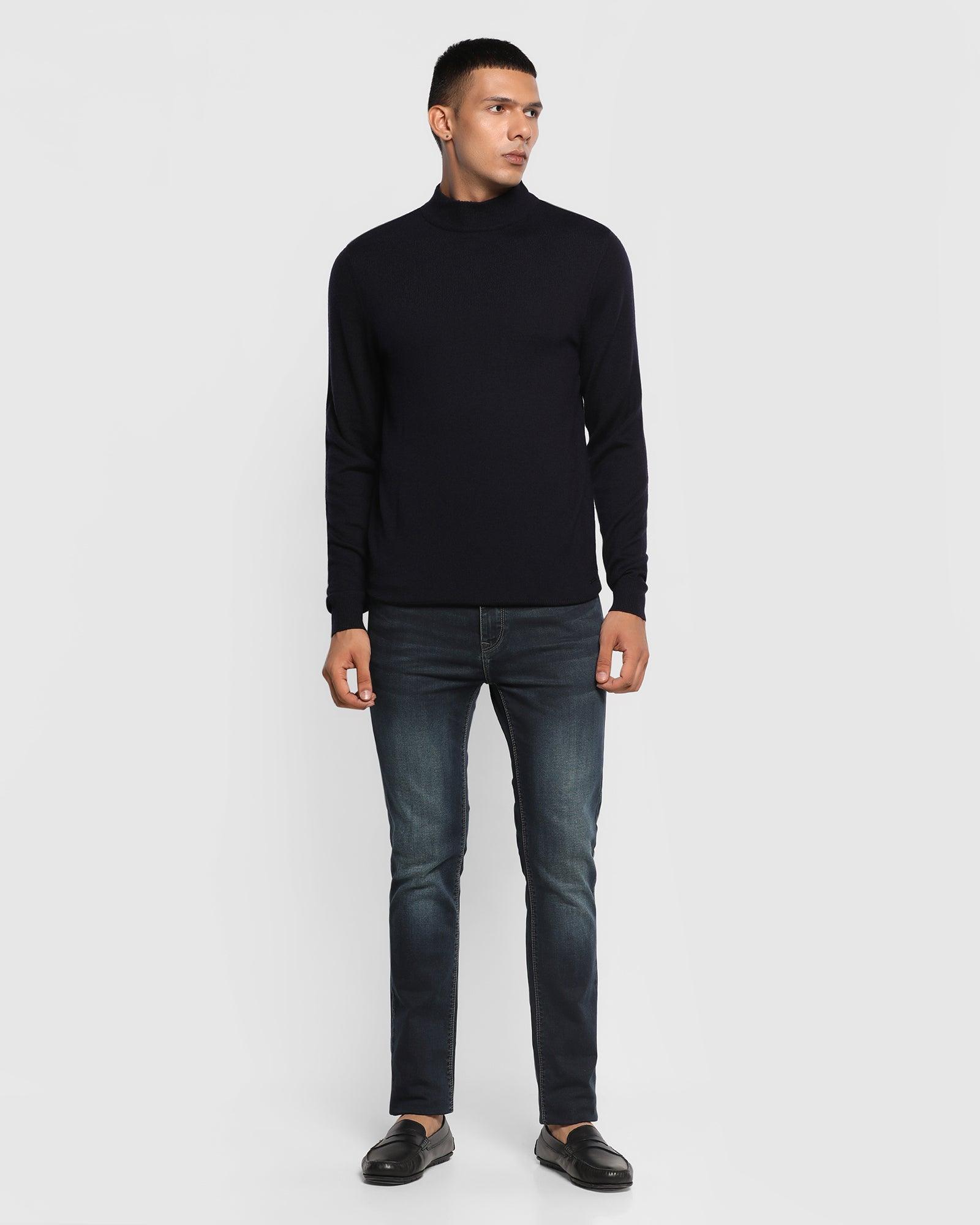 Stylized Collar Navy Solid Sweater - Domin