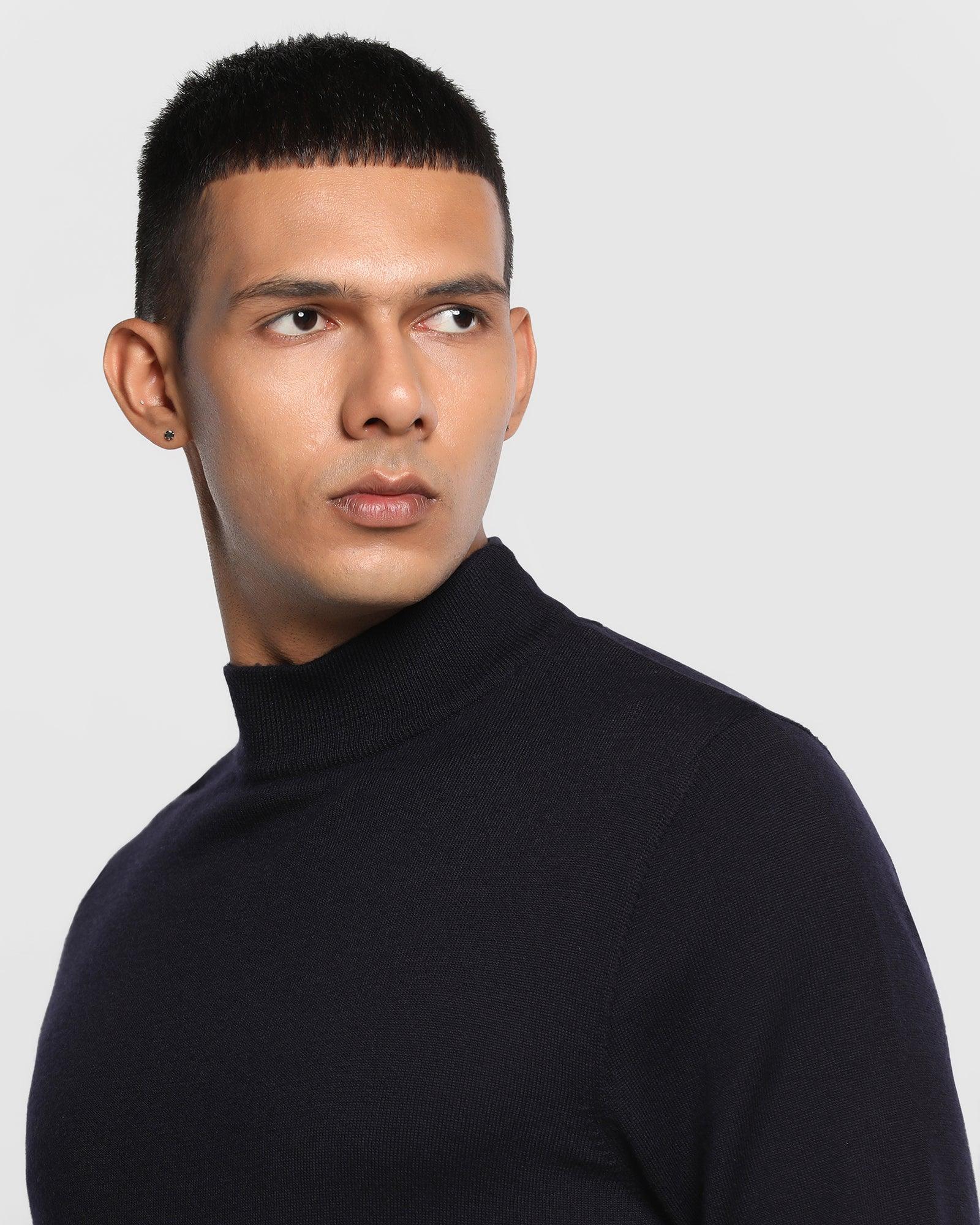 Stylized Collar Navy Solid Sweater - Domin