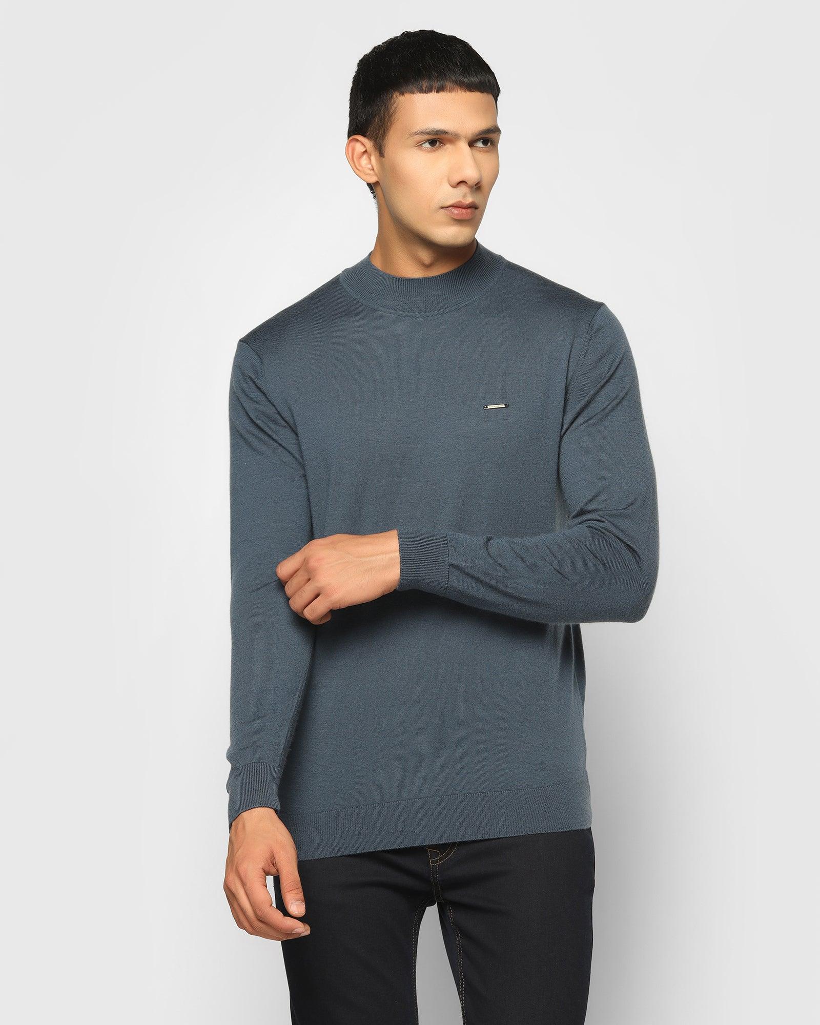 Stylized Collar Placid Blue Solid Sweater - Domin
