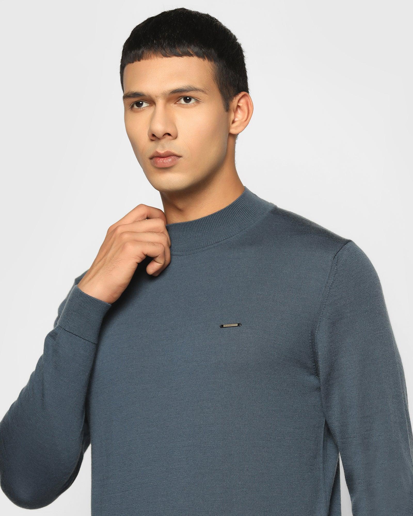 Stylized Collar Placid Blue Solid Sweater - Domin