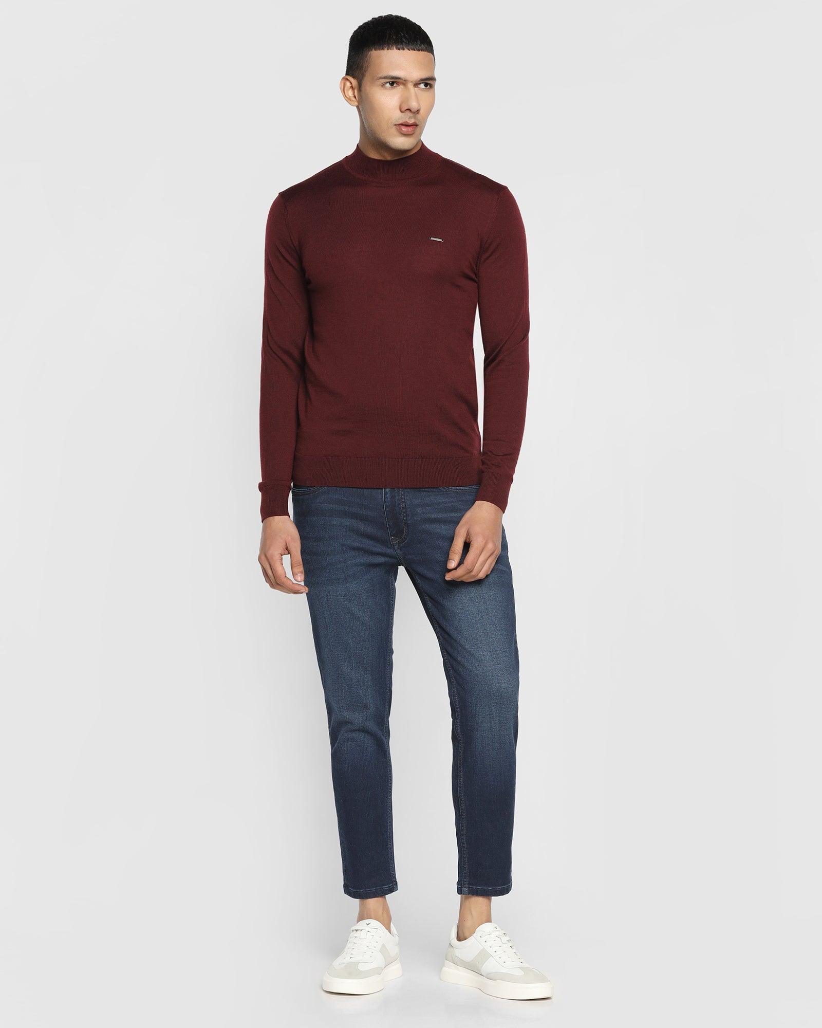 Stylized Collar Wine Solid Sweater - Domin