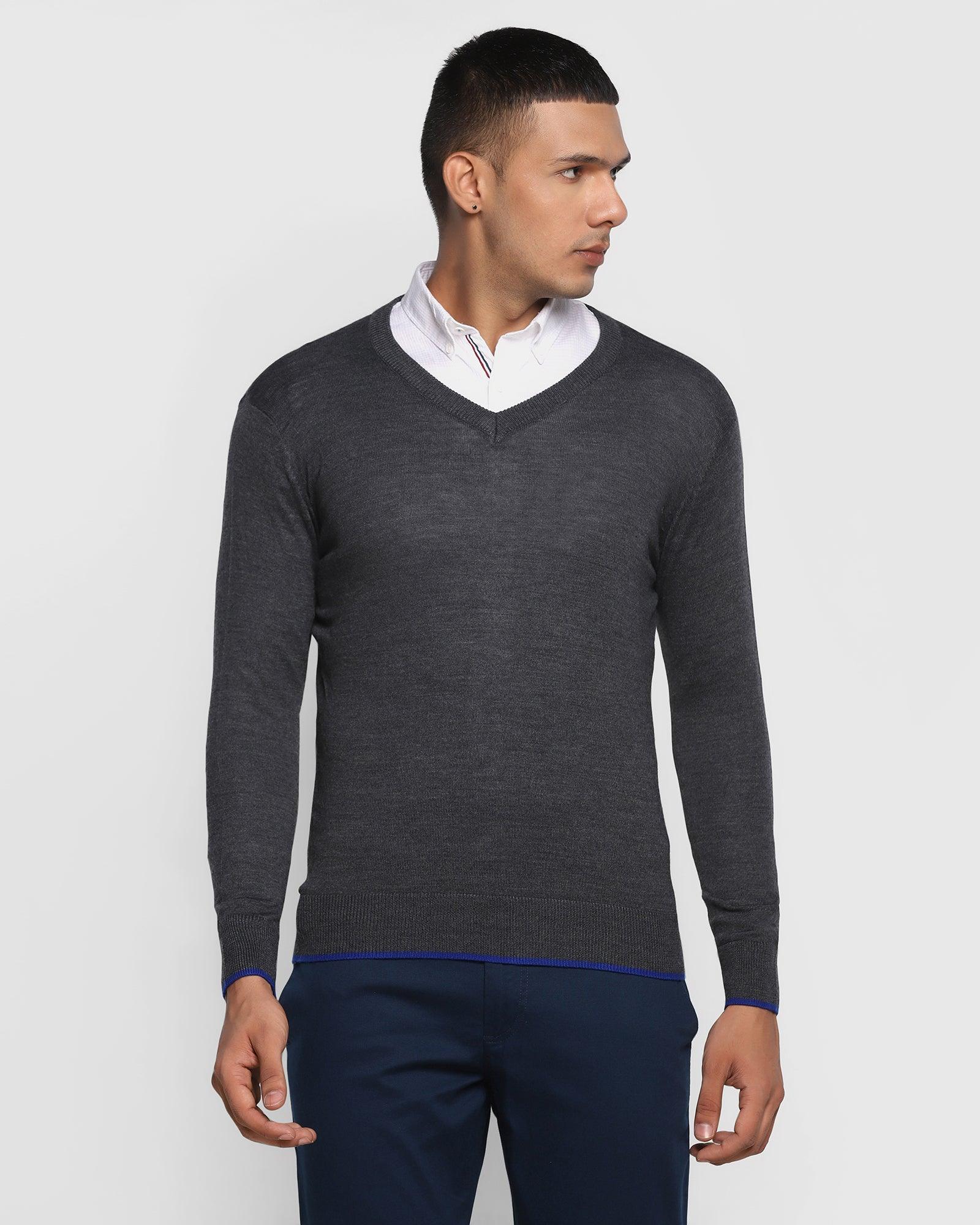 V-Neck Charcoal Solid Sweater - Savior