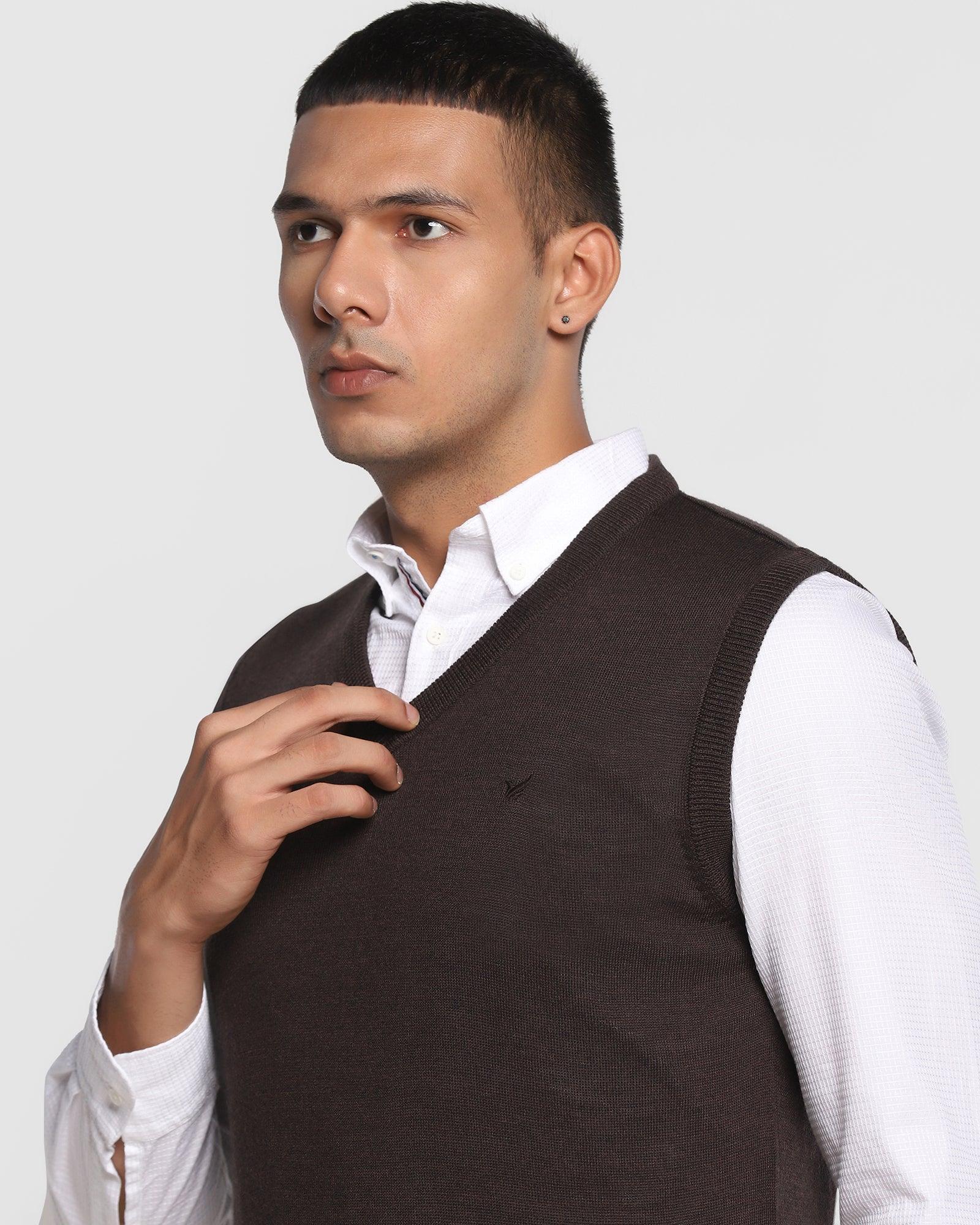 V-Neck Dark Brown Solid Sweater - Xavior