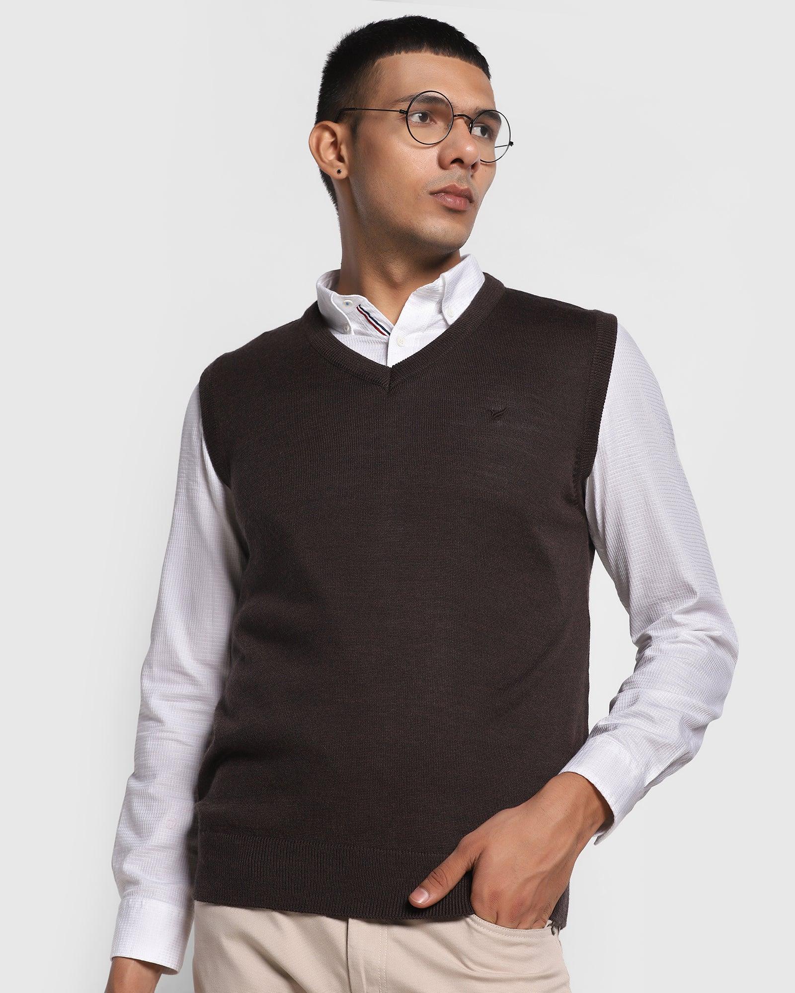 V-Neck Dark Brown Solid Sweater - Xavior