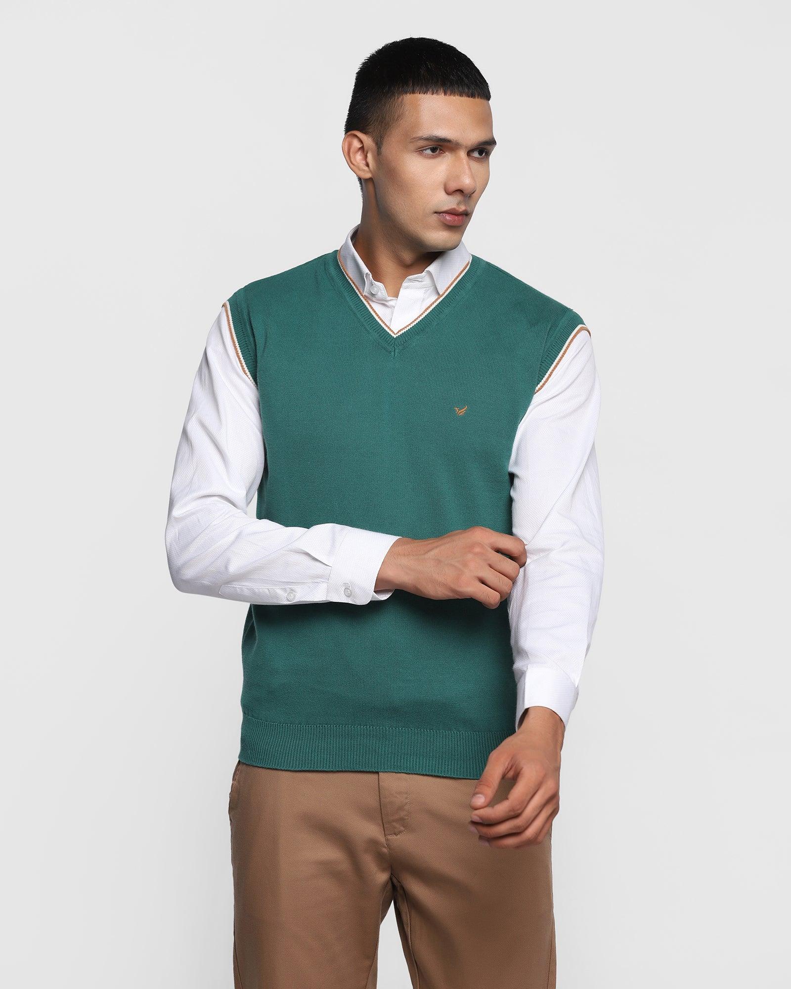 V-Neck Forest Green Solid Sweater - Less