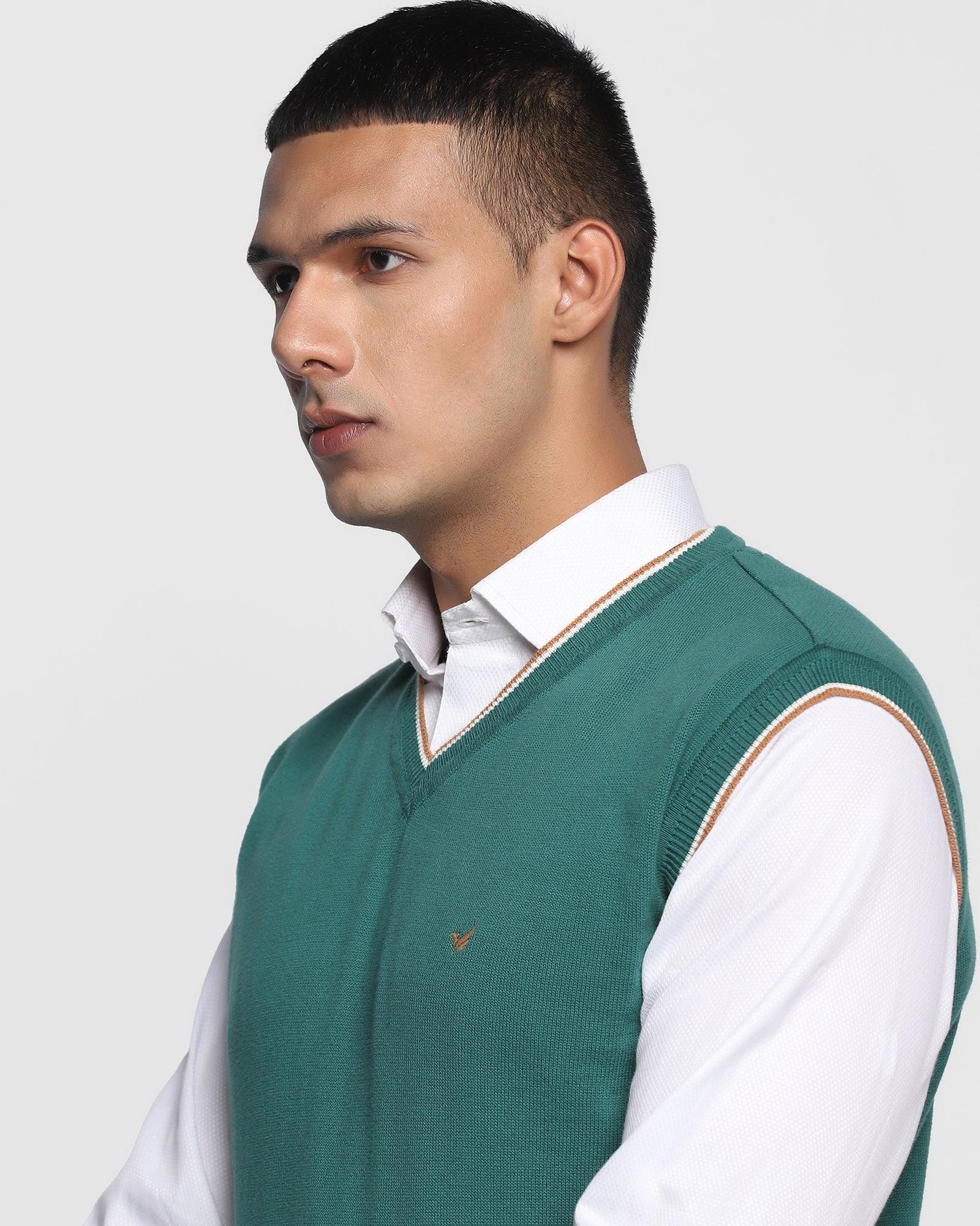 V-Neck Forest Green Solid Sweater - Less