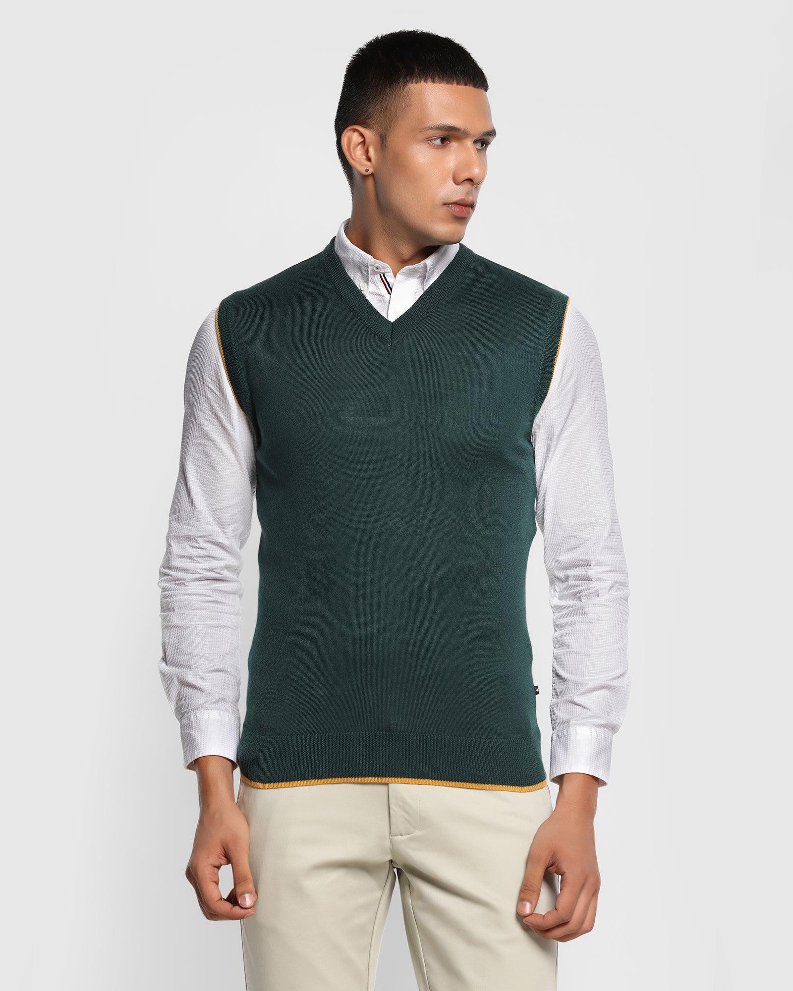V-Neck Forest Green Solid Sweater - Xavior