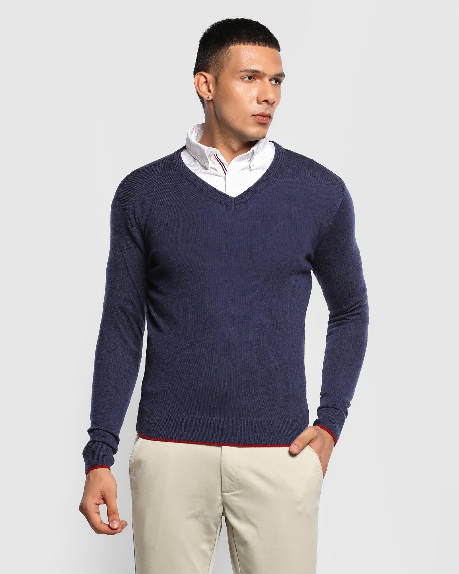 V-Neck Ink Blue Solid Sweater - Savior