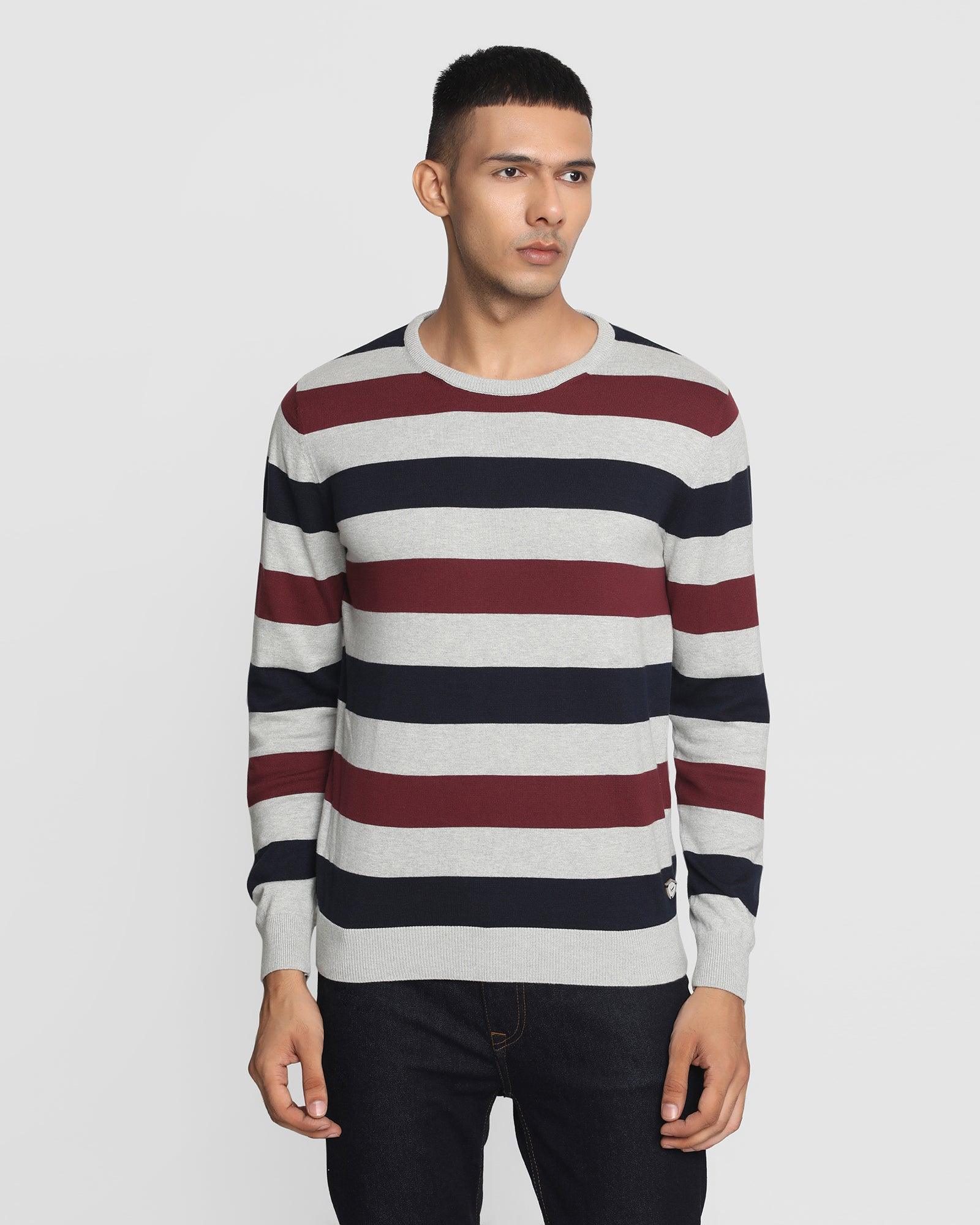 Crew Neck Light Grey Melange Striped Sweater - Heren