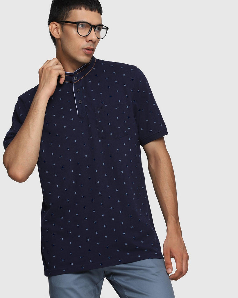 Henley Collar Navy Printed T-Shirt - Francis