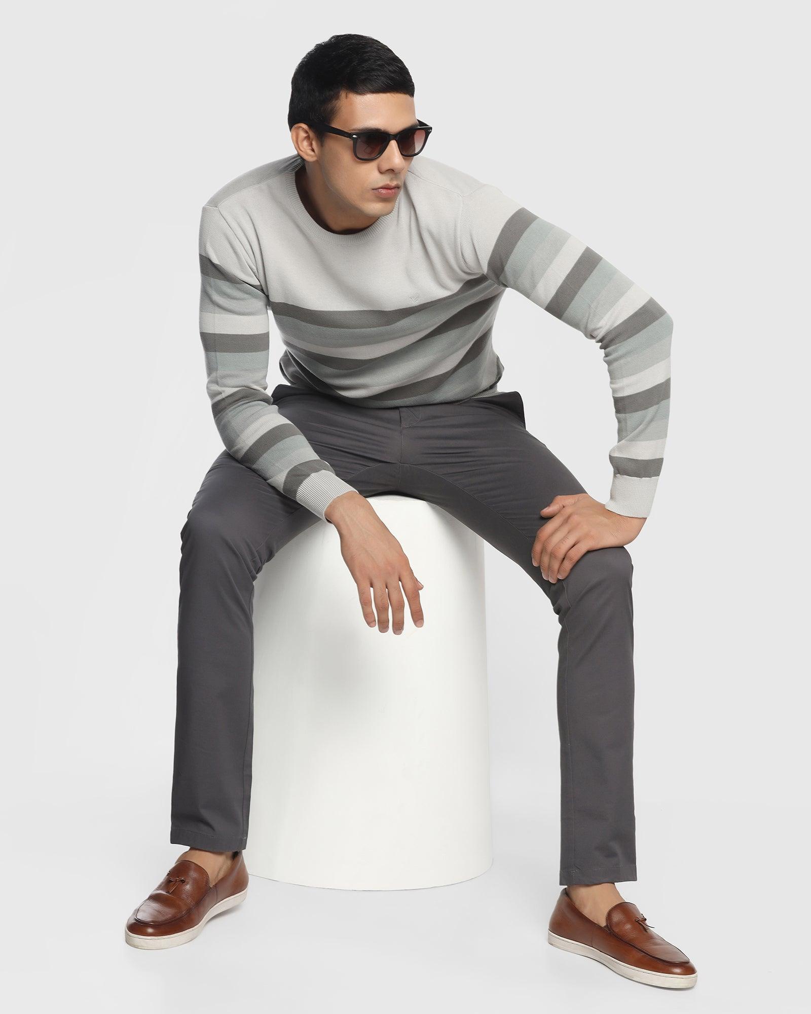 Crew Neck Grey Striped Sweater - Dora