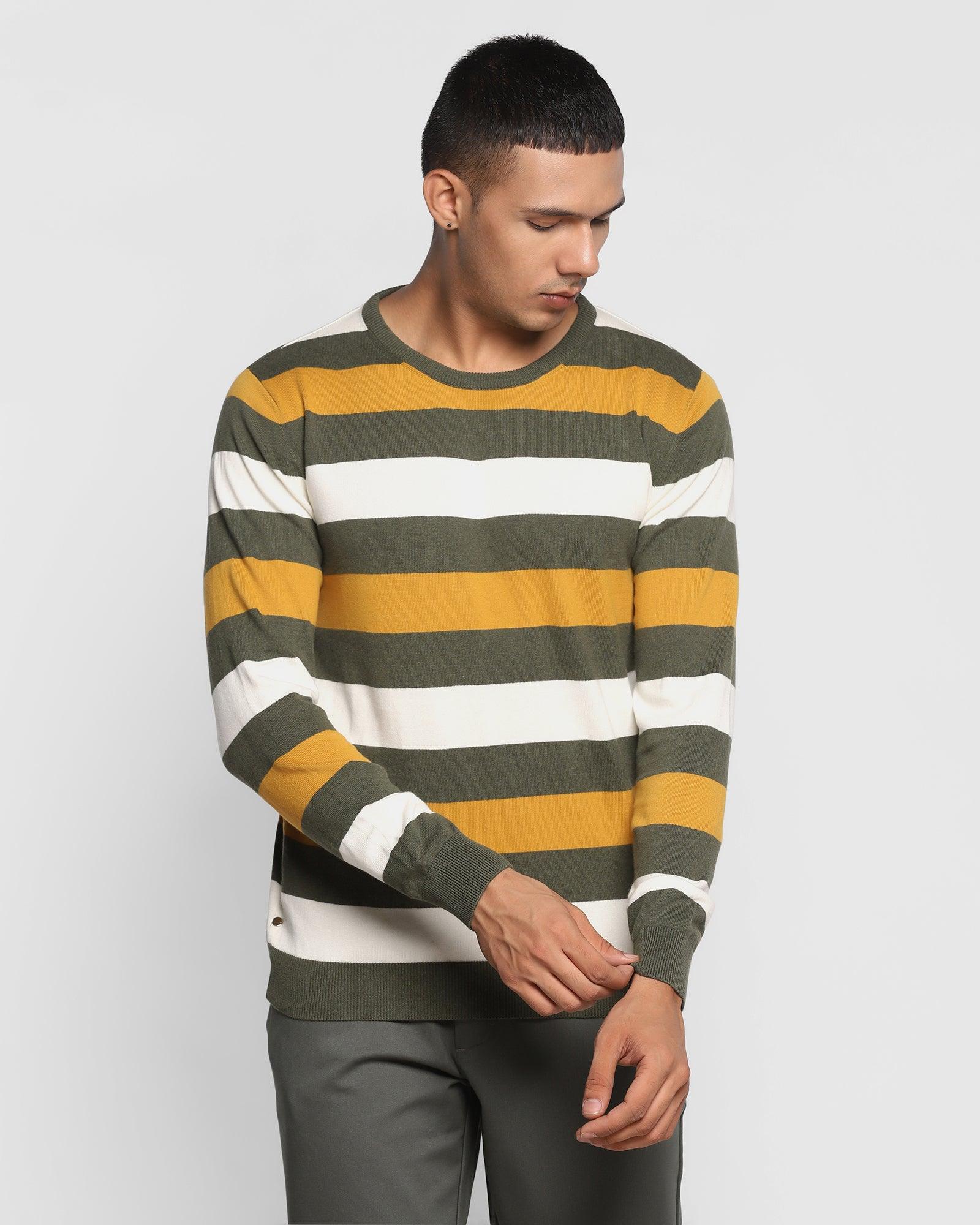 Crew Neck Olive Striped Sweater - Heren