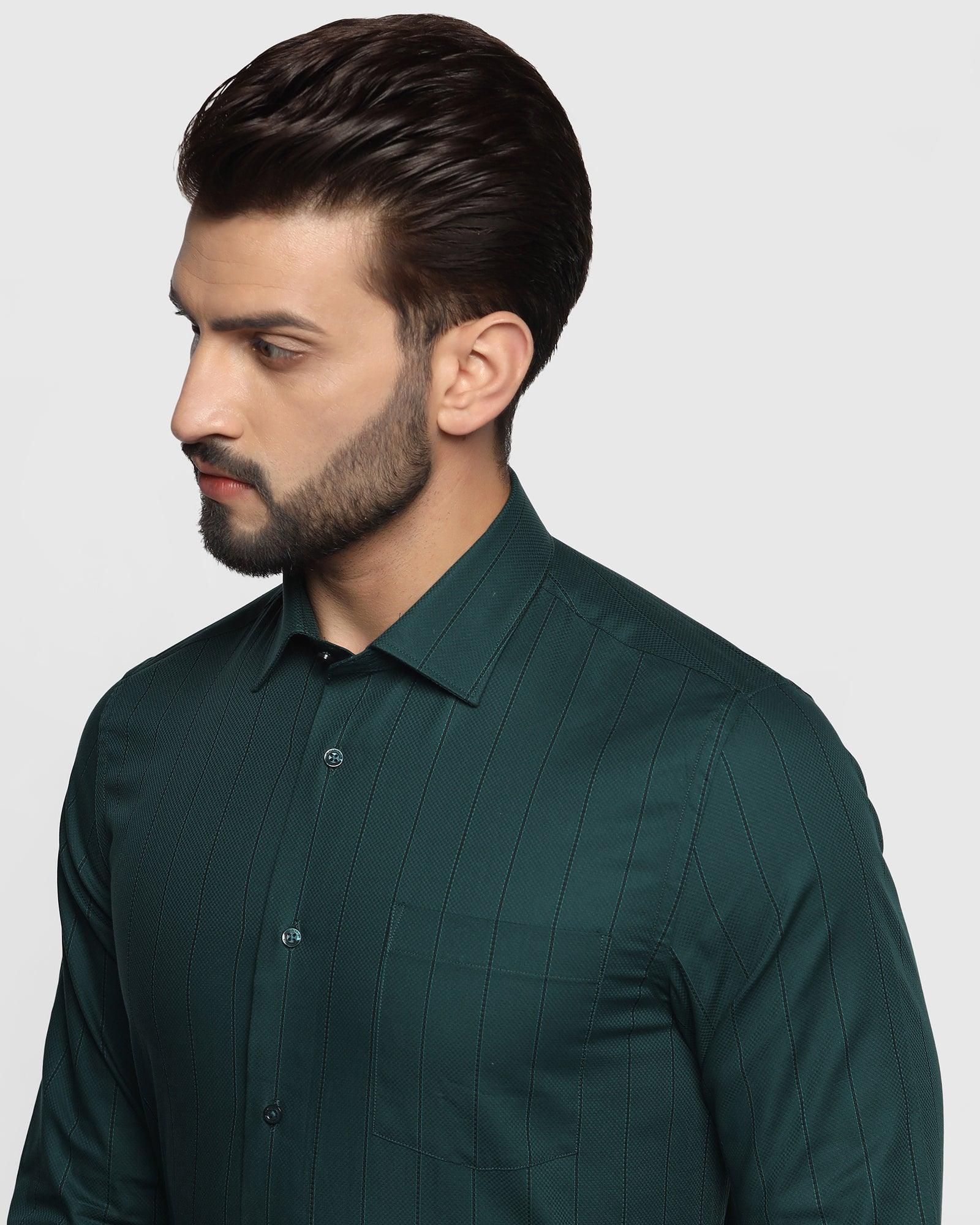 Formal Bottle Green Striped Shirt - Merty