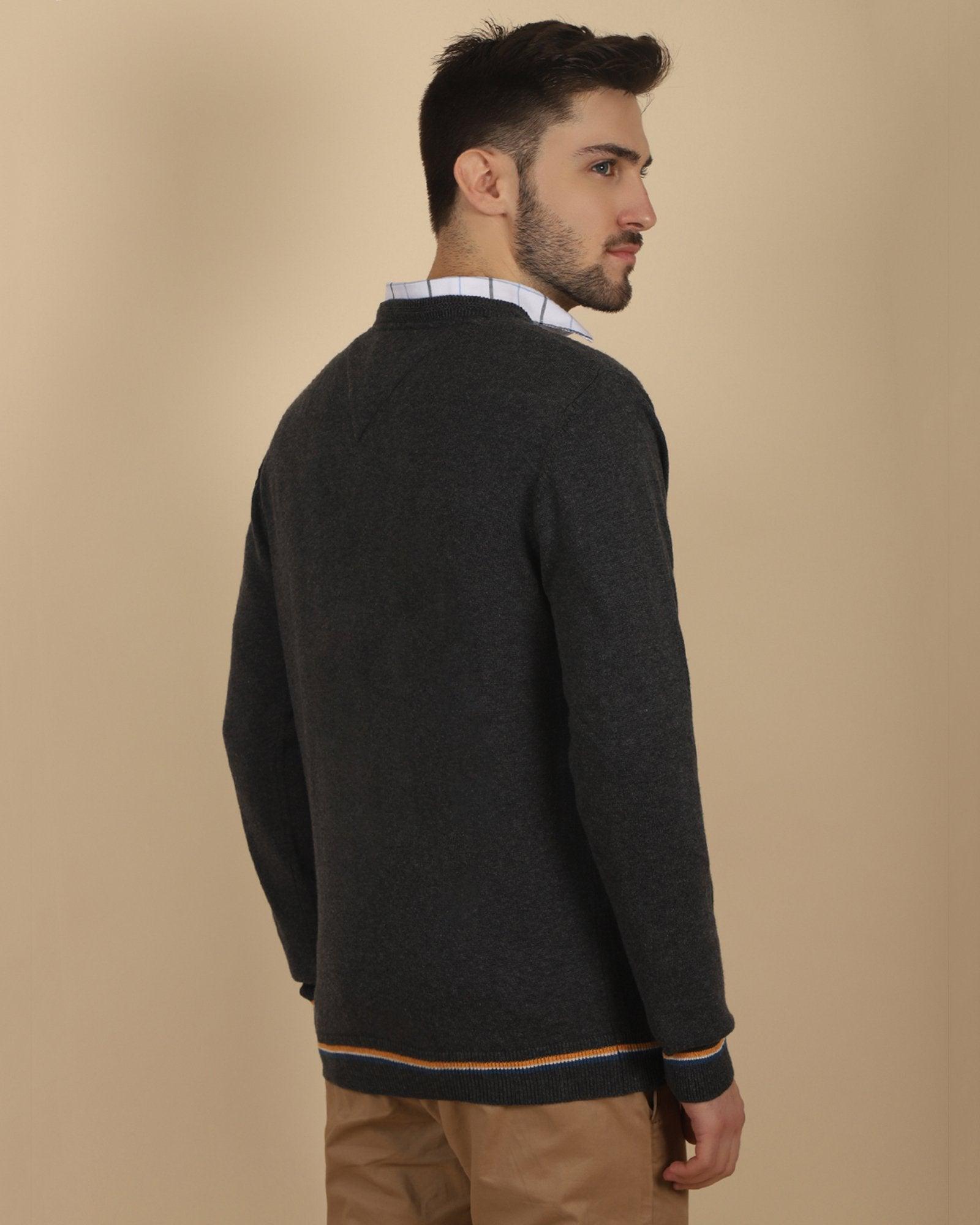 V-Neck Charcoal Melange Solid Sweater - Tees