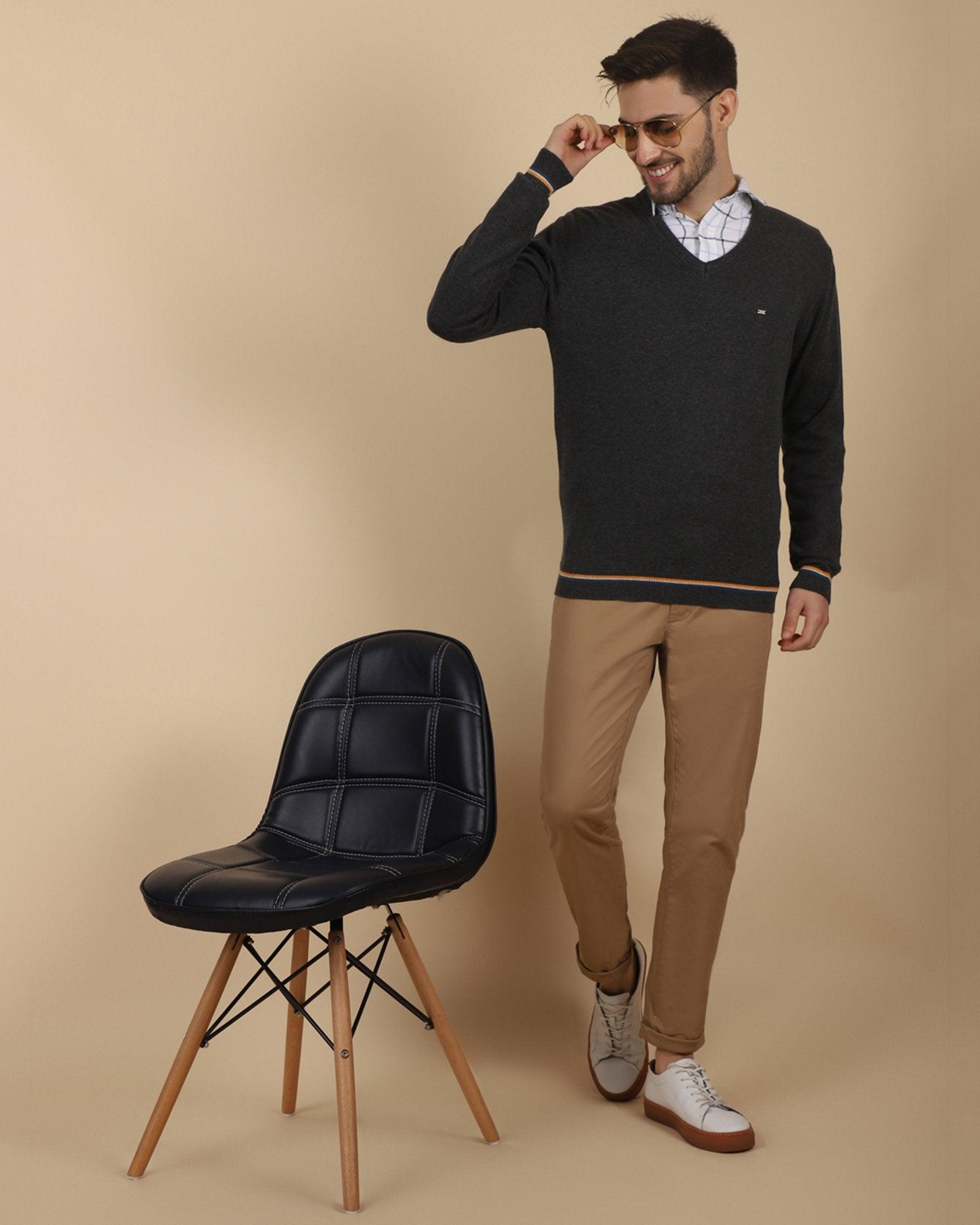 V-Neck Charcoal Melange Solid Sweater - Tees