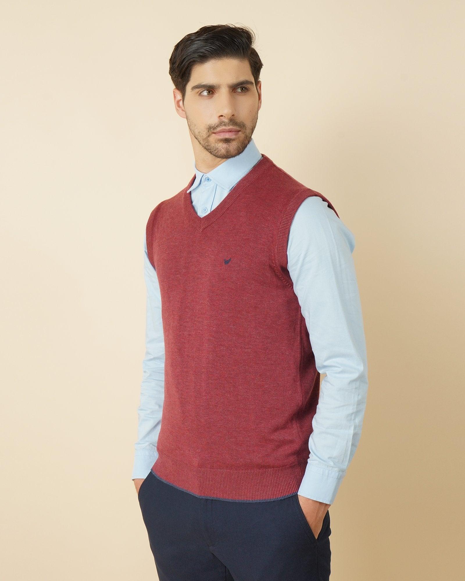 V-Neck Maroon Solid Sweater - Tees
