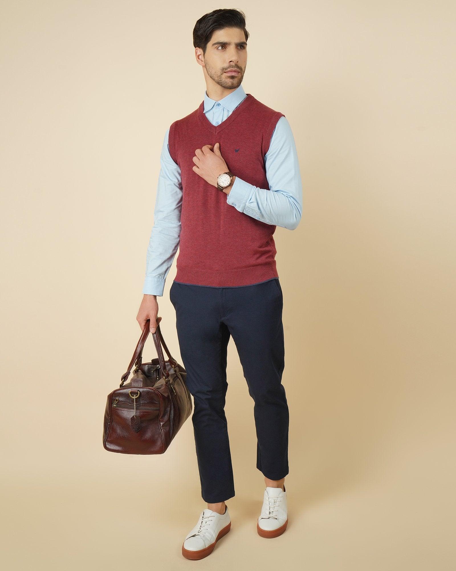 V-Neck Maroon Solid Sweater - Tees
