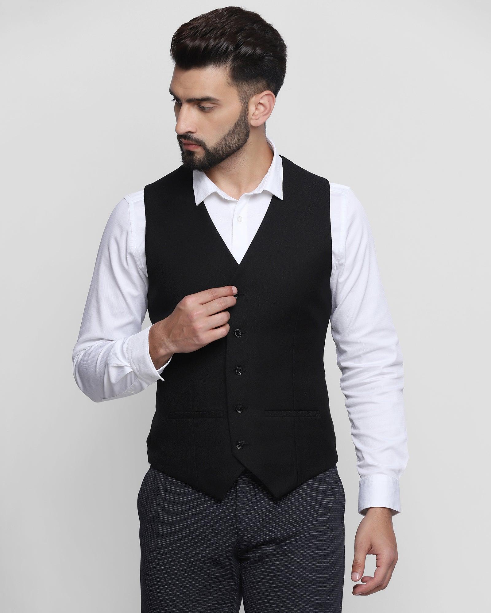 Printed Formal V-Neck Waistcoat In Black (Tereno) - Blackberrys