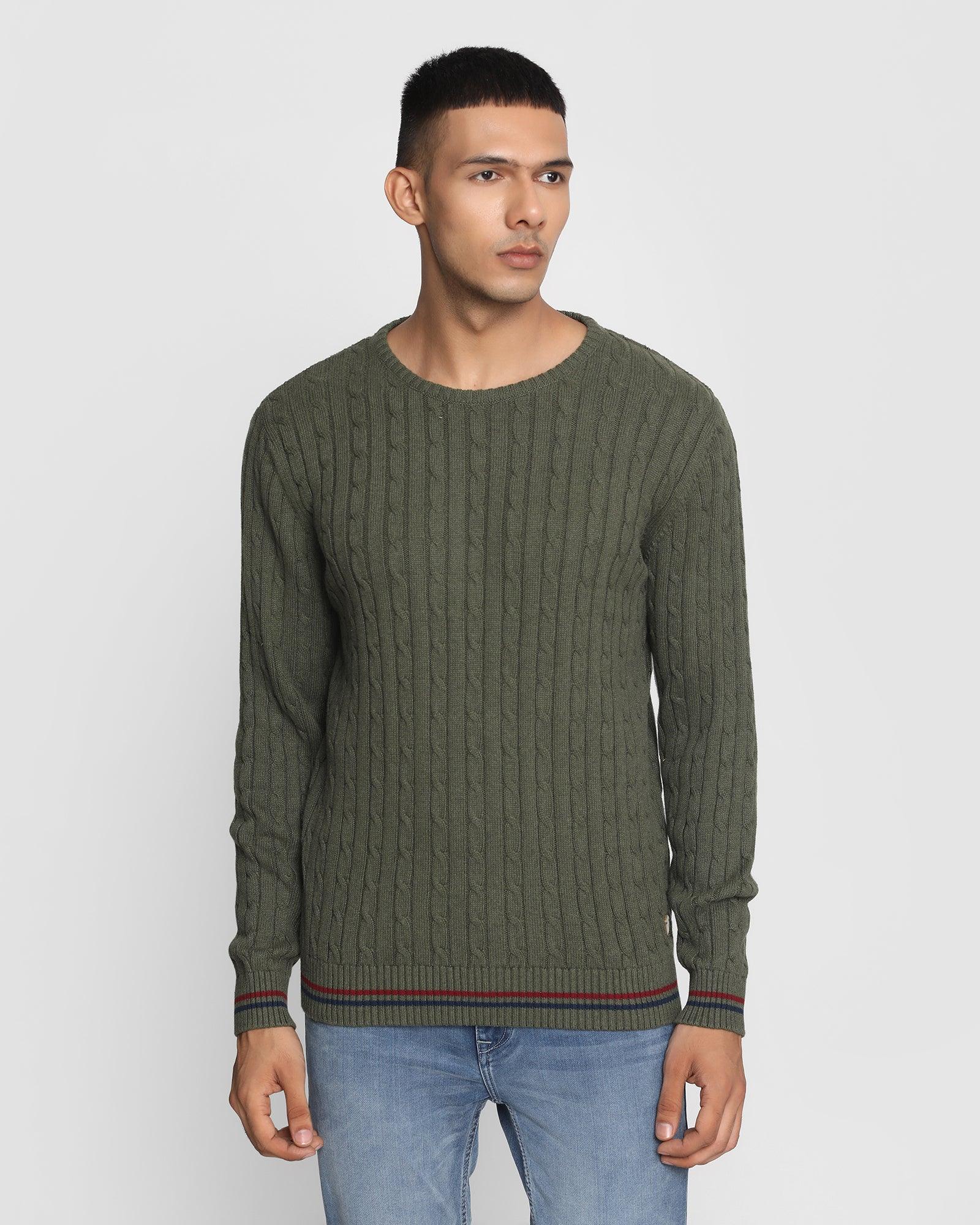 Crew Neck Olive Textured Sweater - Cable