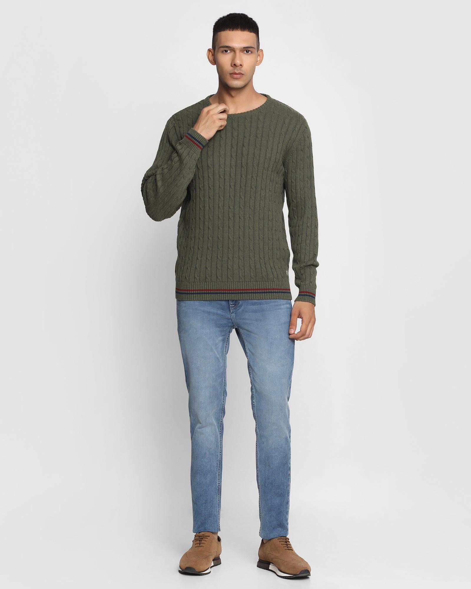 Crew Neck Olive Textured Sweater Cable