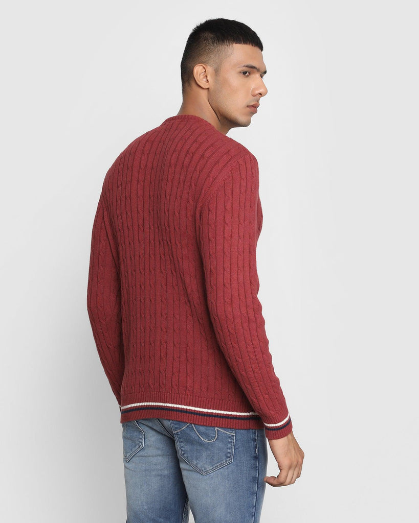 Crew Neck Wine Textured Sweater - Cable