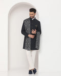 Swarn Two Piece Black Textured Achkan Set - Regal - Blackberrys