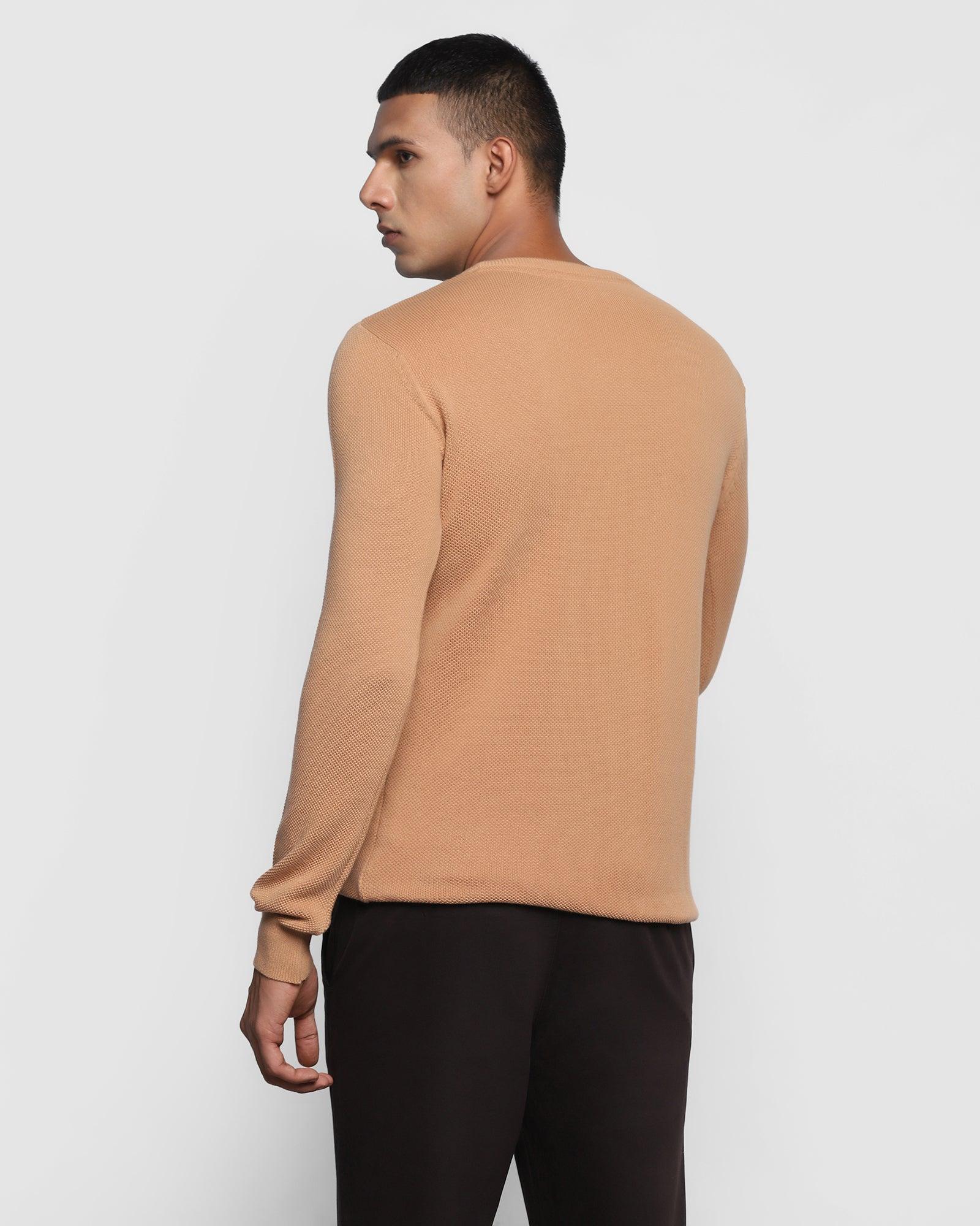 Crew Neck Brown Tan Textured Sweater - Delta
