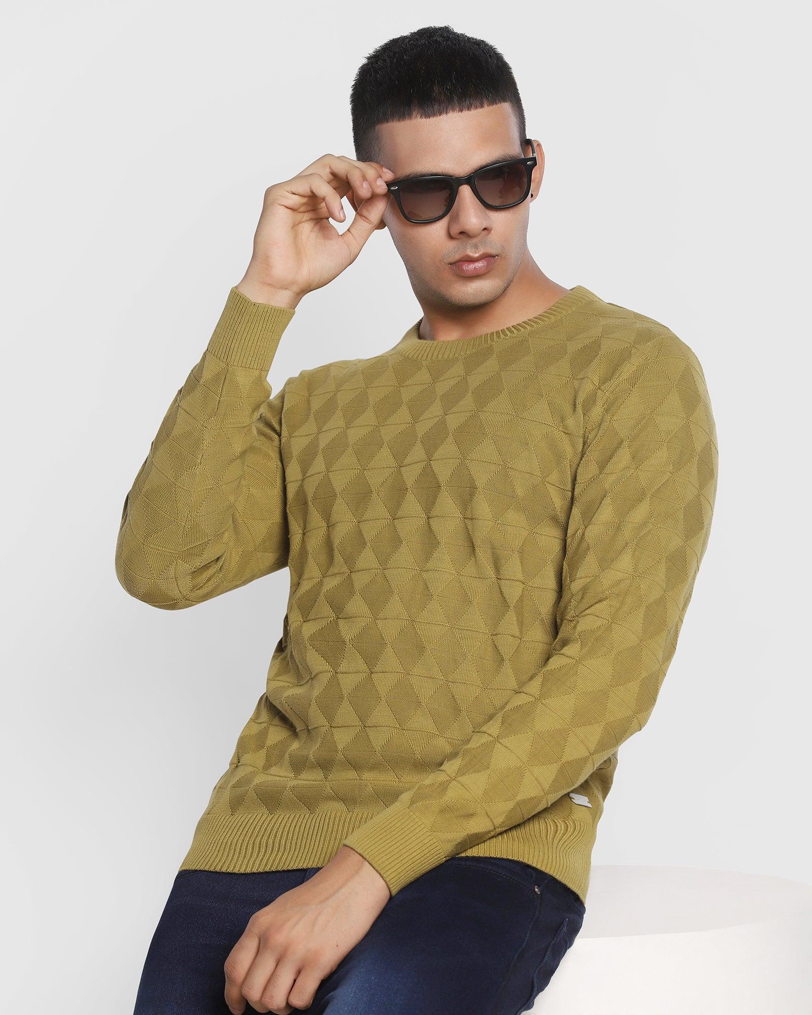 Crew Neck Moss Green Textured Sweater - Tyrus