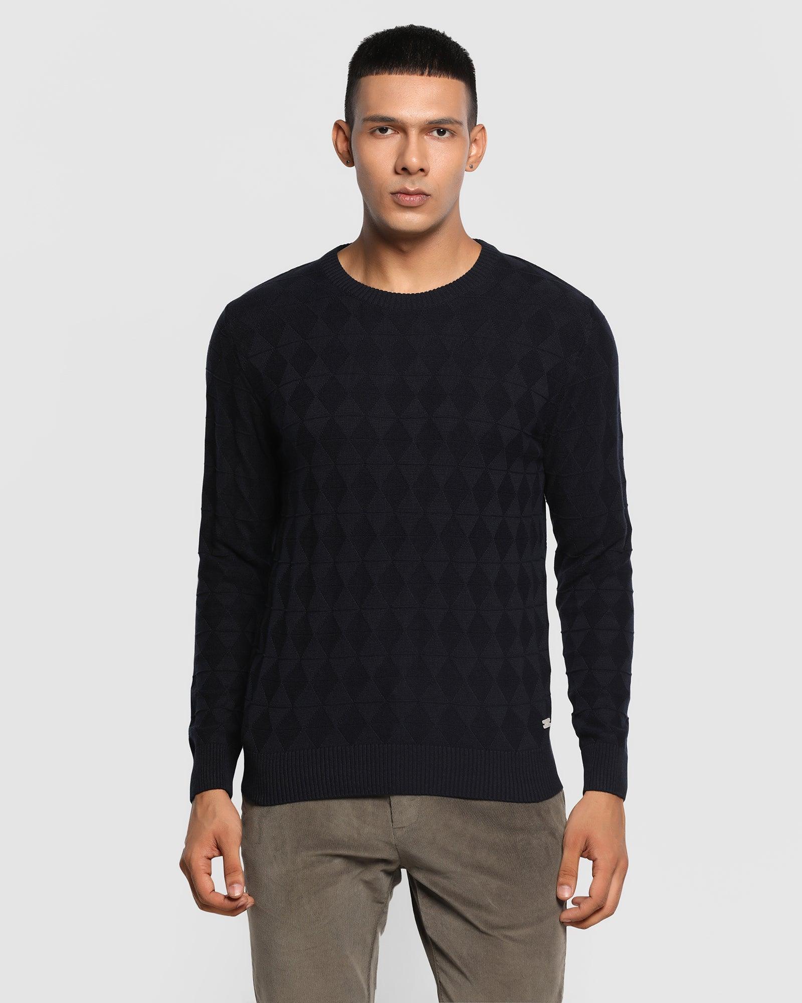 Crew Neck Navy Textured Sweater - Tyrus