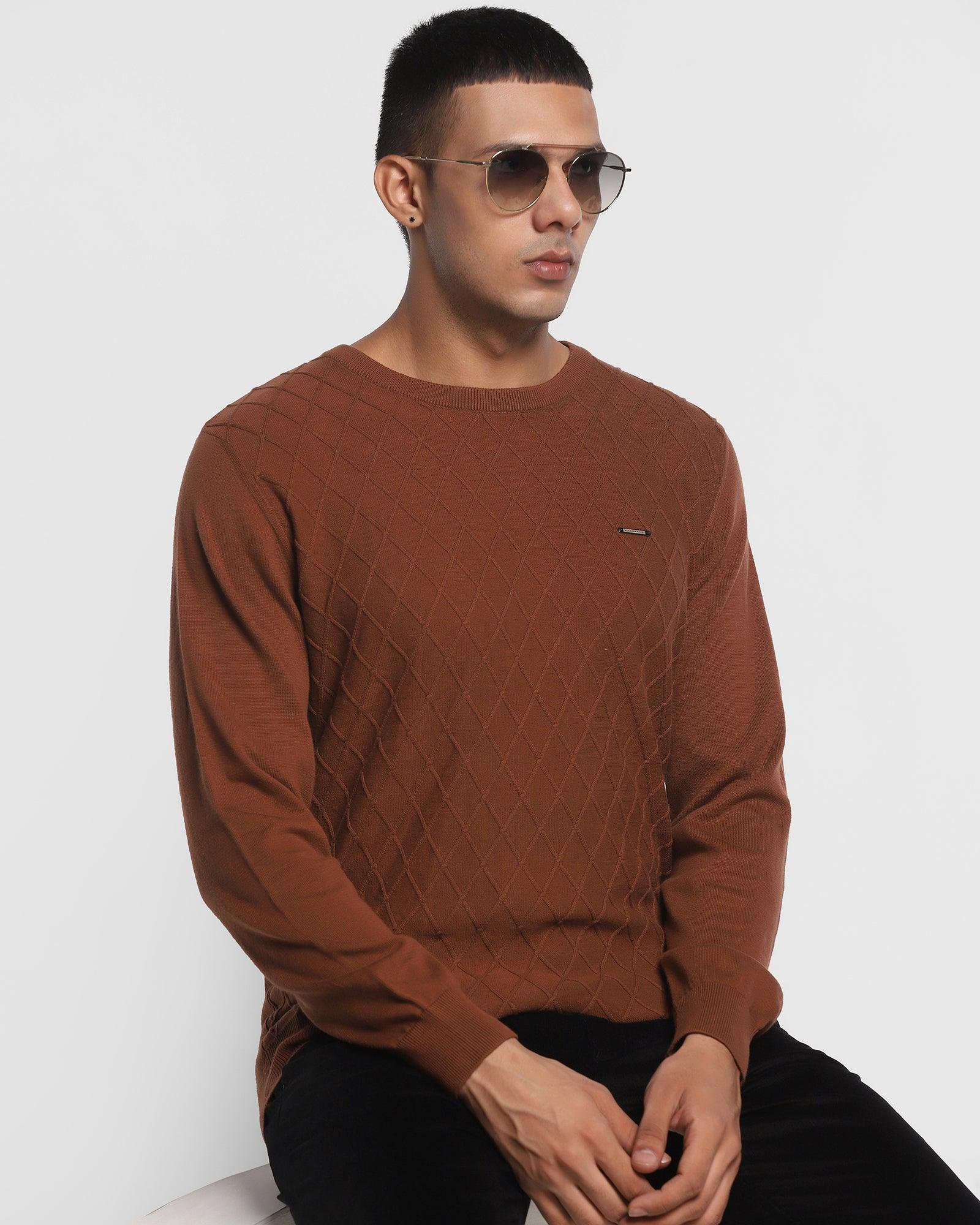 Crew Neck Tan Textured Sweater - Sant