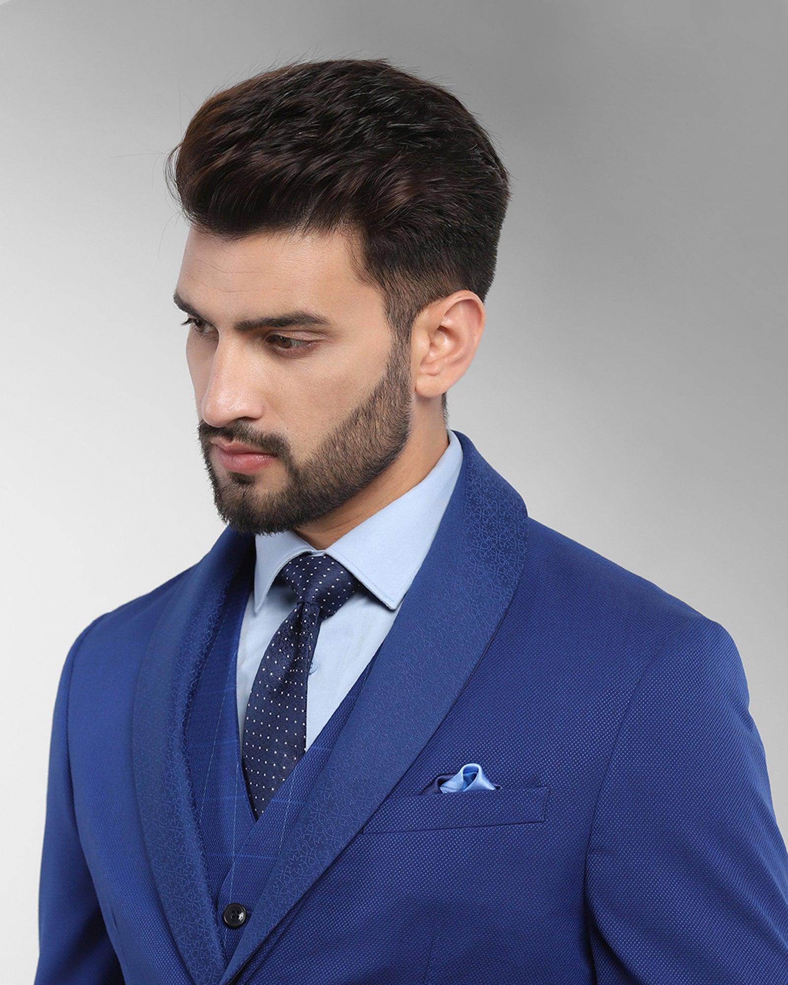 Tuxedo Three Piece Royal Blue Textured Formal Suit - Reto