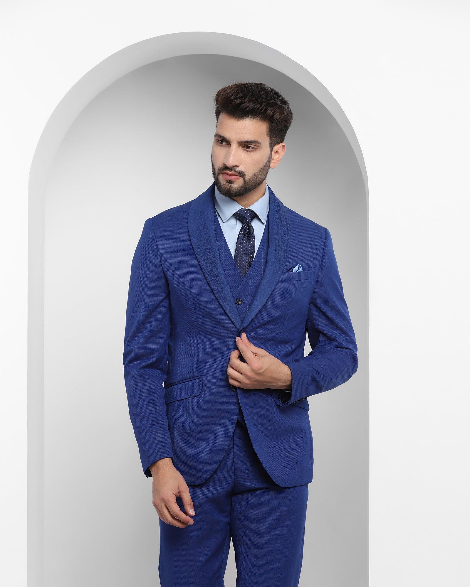 Tuxedo Three Piece Royal Blue Textured Formal Suit - Reto