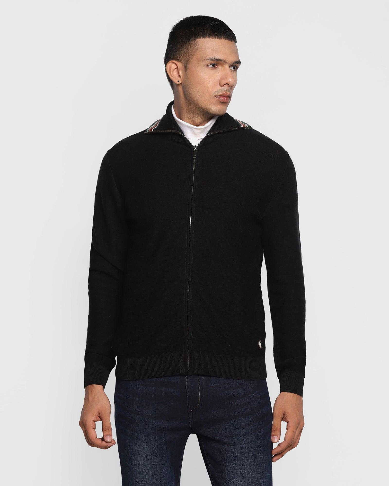 Stylized Collar Jet Black Solid Sweater - Christopher