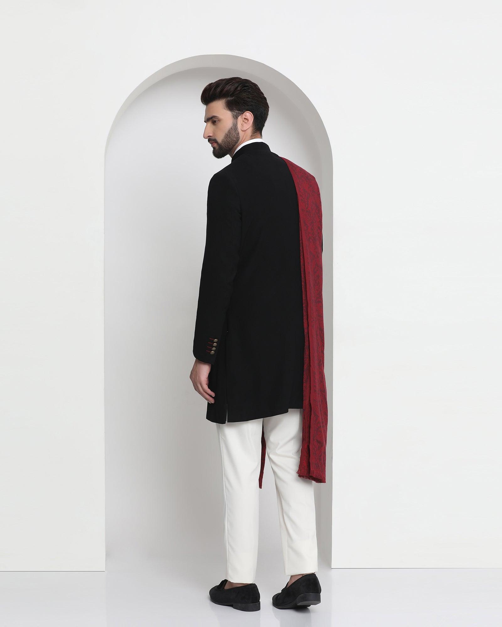 Swarn Two Piece Black Solid Achkan Set - Tren - Blackberrys