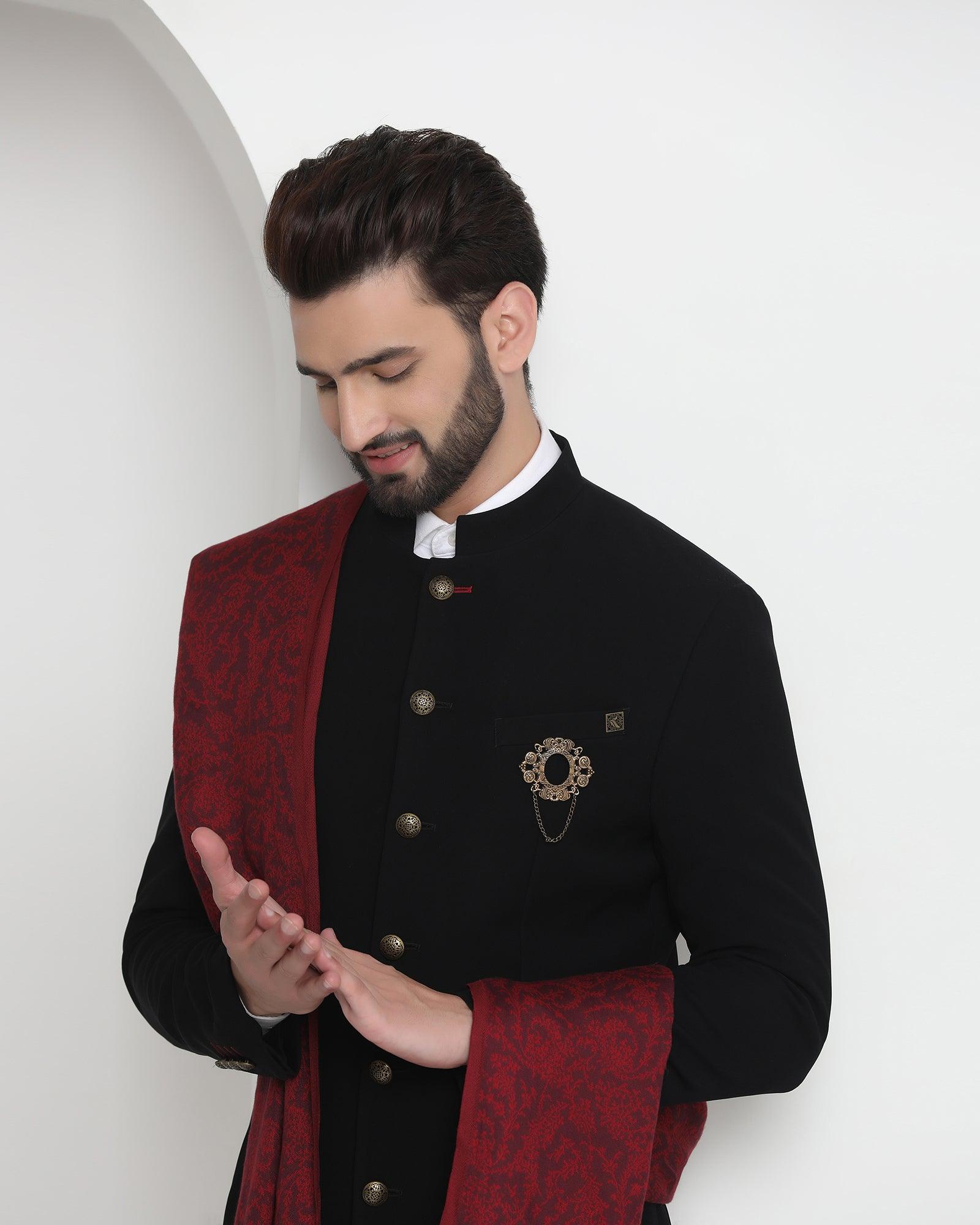 Swarn Two Piece Black Solid Achkan Set - Tren - Blackberrys