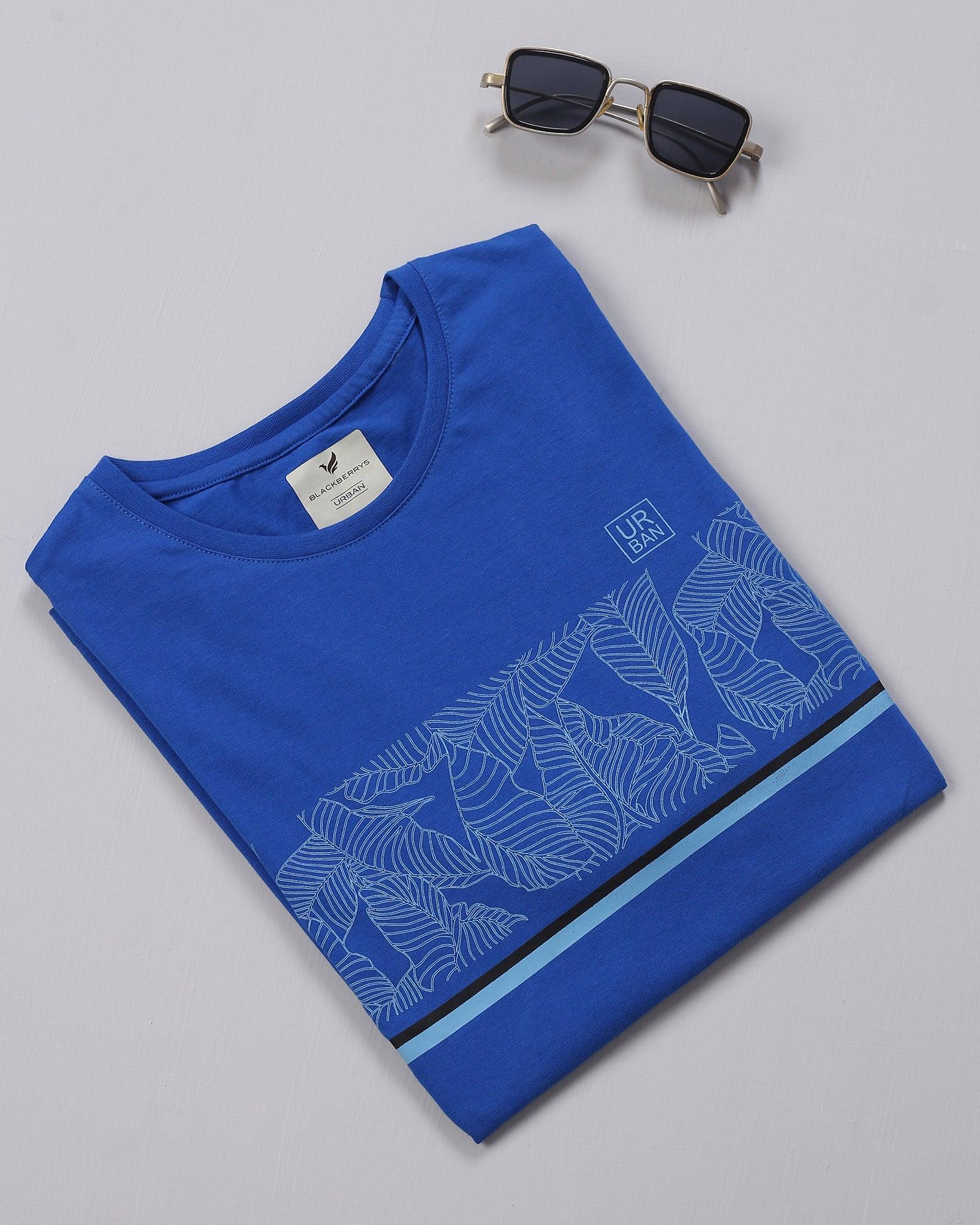 Crew Neck Royal Blue Printed T Shirt - Tiko