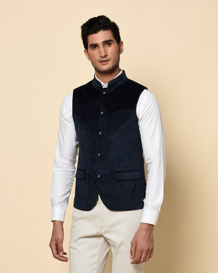 Bandhgala Formal Navy Textured Waistcoat - Dipton