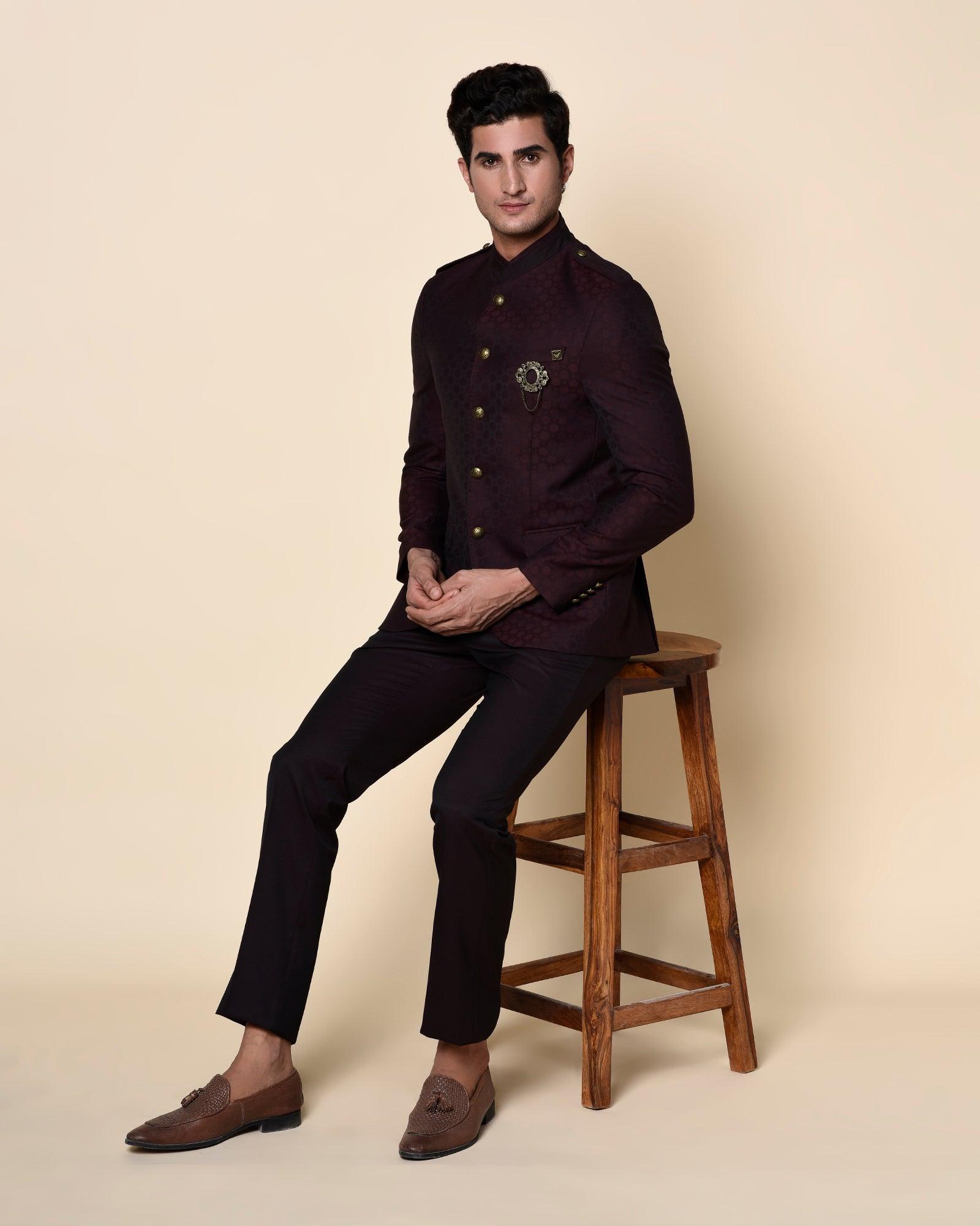 Swarn Two Piece Wine Solid Achkan Set - Pold - Blackberrys